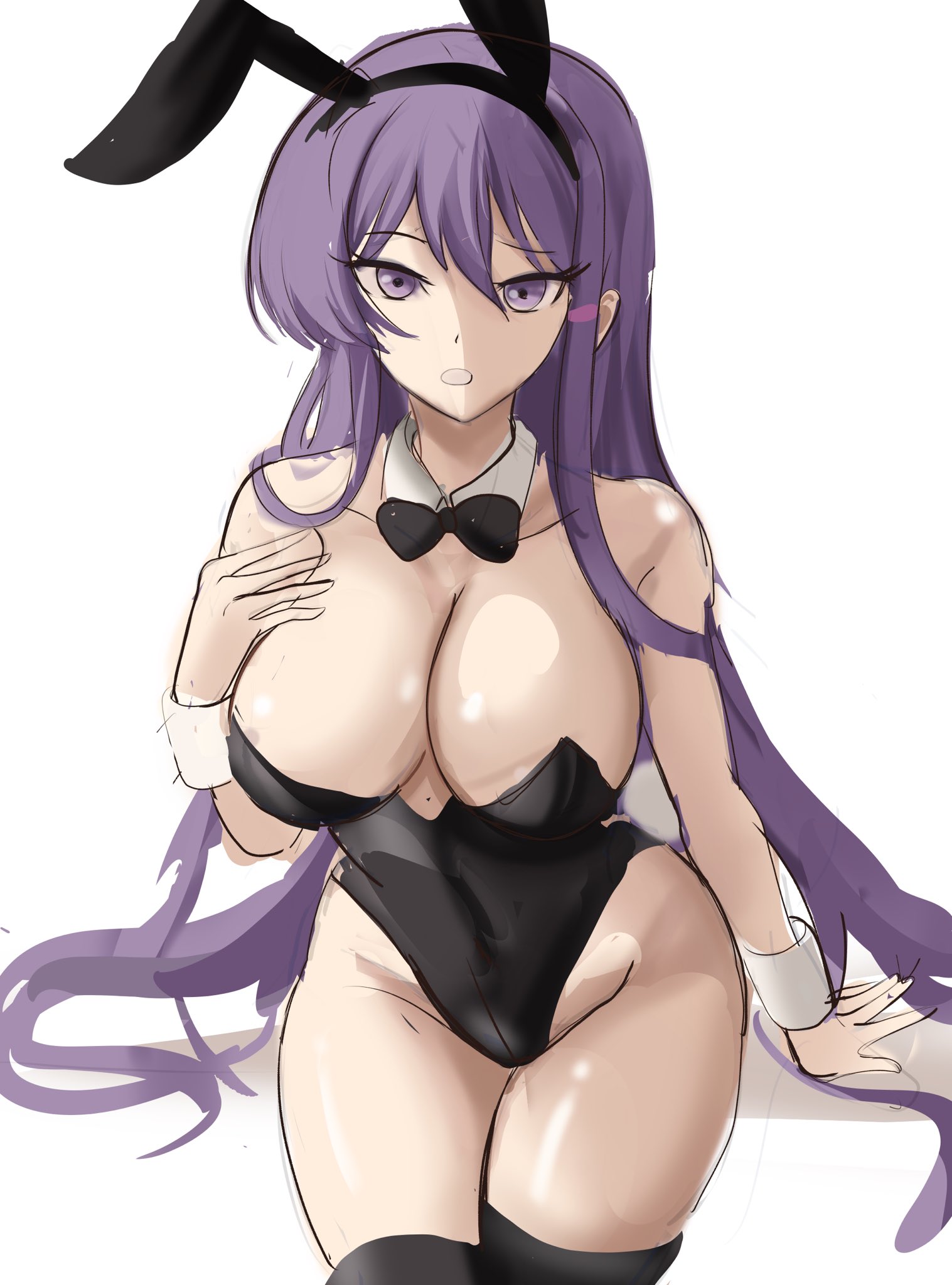 yuri (doki doki literature club), doki doki literature club, simple background, white background, 1girls, 2021, black leotard, bowtie, breasts, bunny ears, bunny girl, bunnysuit, cleavage, detached collar, female, female focus, female only, hand on breast, hips, huge breasts, leotard, long hair, looking at viewer, purple eyes, purple hair, rakeemspoon, slim waist, thick thighs, thighs, very long hair, wide hips, 