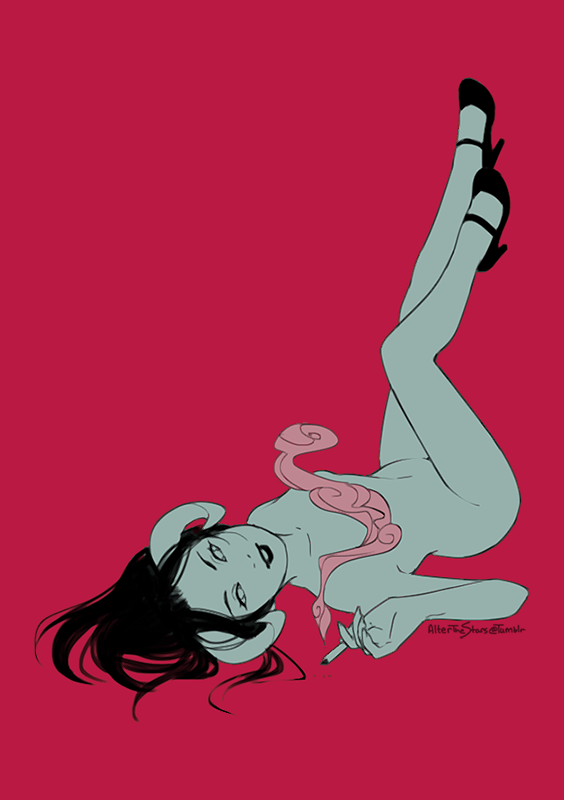rynies, damara megido, homestuck, 1girls, convenient censoring, full body, high heels, legs up, nude, smoking, solo, 