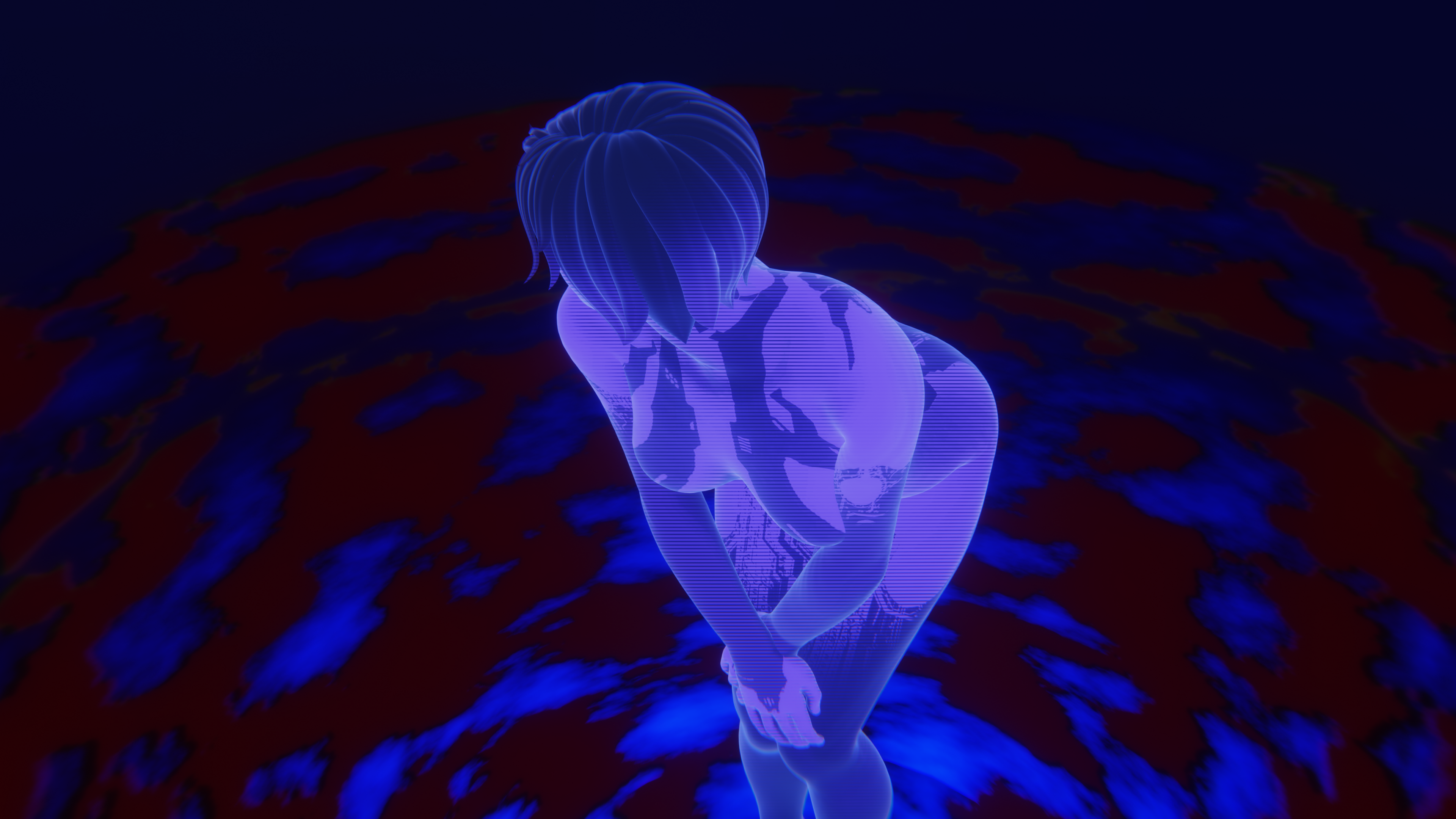 cortana, halo (game), halo (series), artificial intelligence, ass, bent over, blue body, blue eyes, blue hair, blue skin, breasts, female, halo, looking at viewer, smile, 