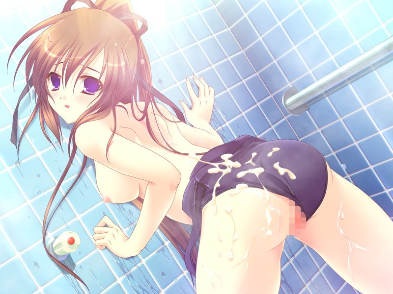 satou satoru, irie mitsuki, tsukushite ageru no ni!, censored, game cg, jpeg artifacts, ass, breasts, brown hair, cum, cum on ass, cum on back, cum on body, cum on clothes, cum on lower body, cum on upper body, long hair, one-piece swimsuit, ponytail, purple eyes, pussy, shower, swimsuit, swimsuit aside, tied hair, topless, wet, 