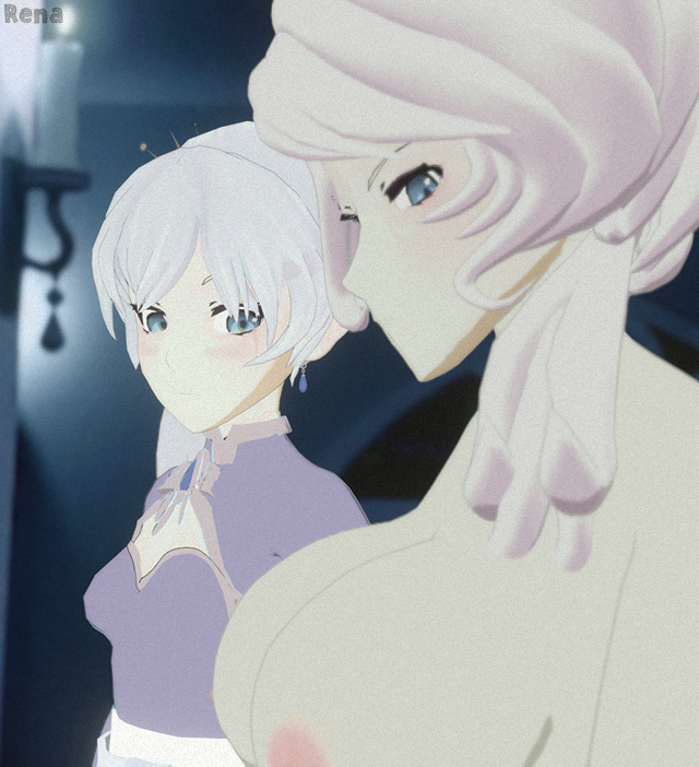 weiss schnee, willow schnee, rooster teeth, rwby, 2girls, big breasts, blue eyes, blush, breast envy, female, milf, mother, mother and daughter, nipples, nude, small breasts, white hair, 