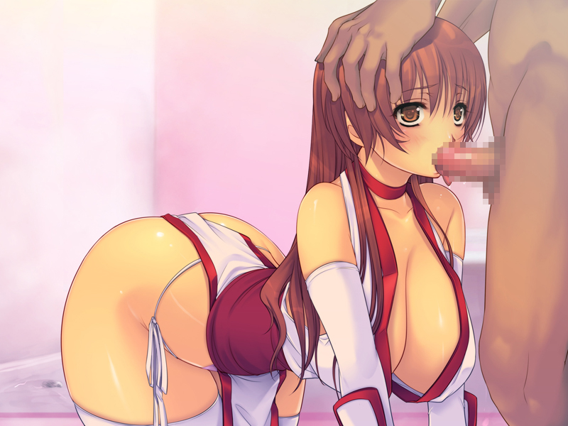 yoko jyusuke, kasumi, kasumi (doa), dead or alive, censored, ass, blush, breasts, cleavage, clothed sex, dark-skinned male, dark skin, fellatio, female, hand on head, huge breasts, human, irrumatio, long hair, male, oral, sex, straight, tongue, 