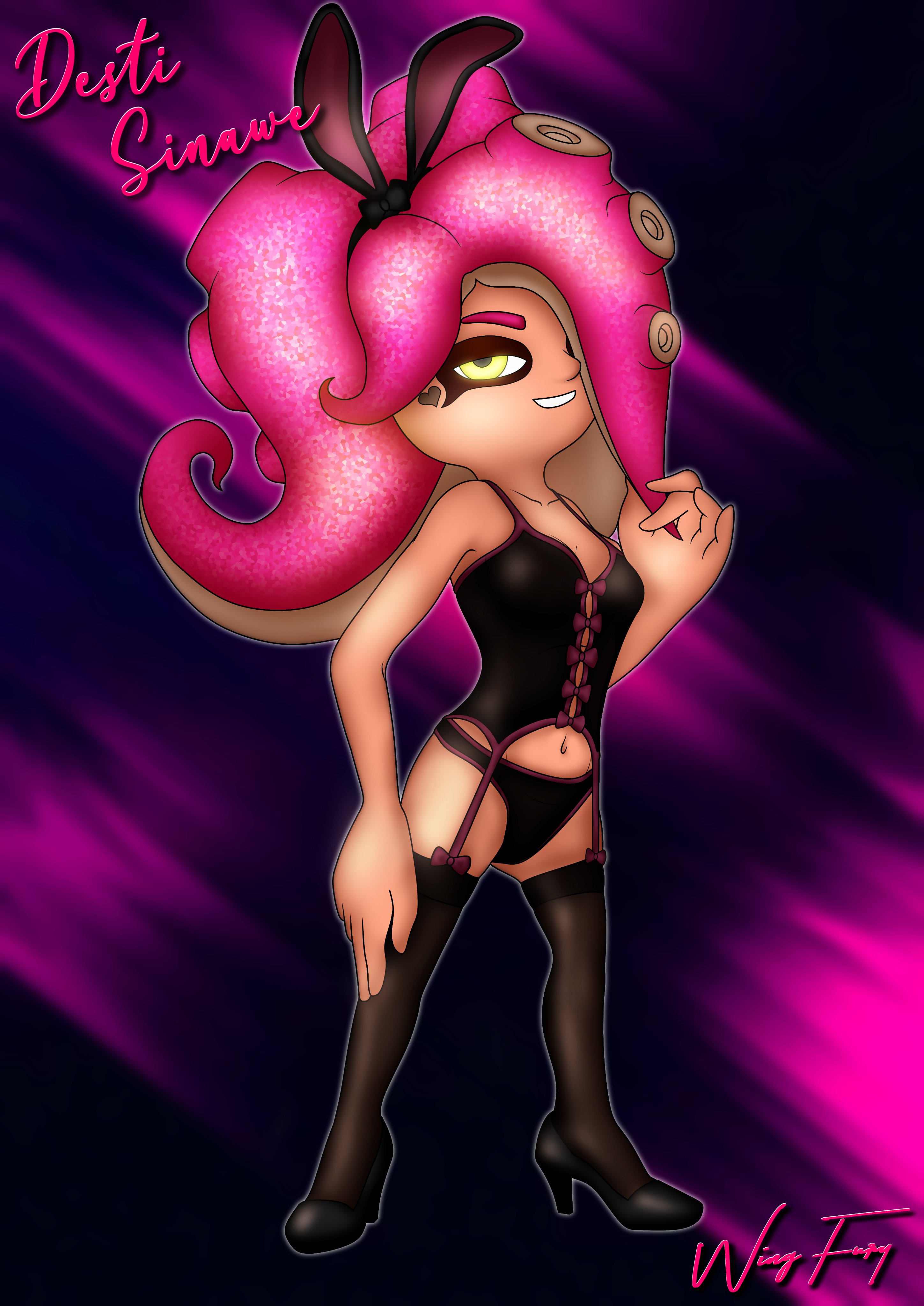 octoling, octoling girl, smg4, splatoon, splatoon 2, digital drawing (artwork), digital media (artwork), simple background, bunny ears, bunnysuit, desti (smg4), drawing, hand on hair, hand on leg, heels, illustration, lingerie, looking at viewer, panties, pink hair, seductive, seductive smile, stockings, wing fury, yellow eyes, 