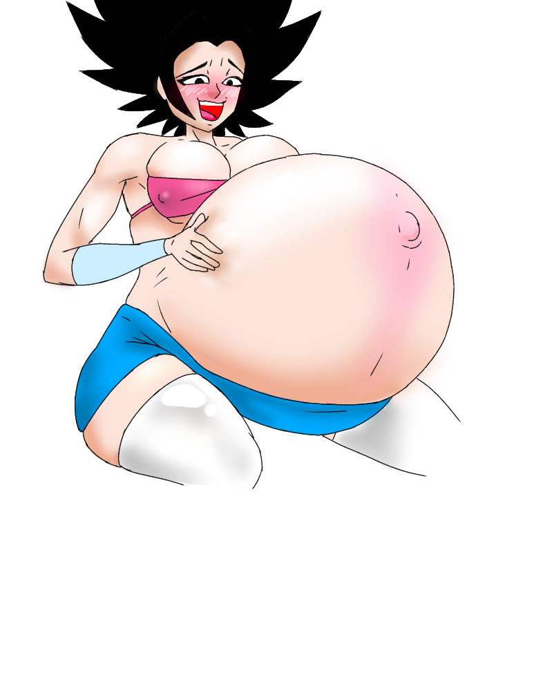 caulifla, dragon ball, dragon ball super, belly, big belly, big breasts, black hair, blush, breasts, cleavage, femalesaiyan, hand on belly, huge belly, hyper pregnancy, nipple bulge, outie navel, pregnant, 