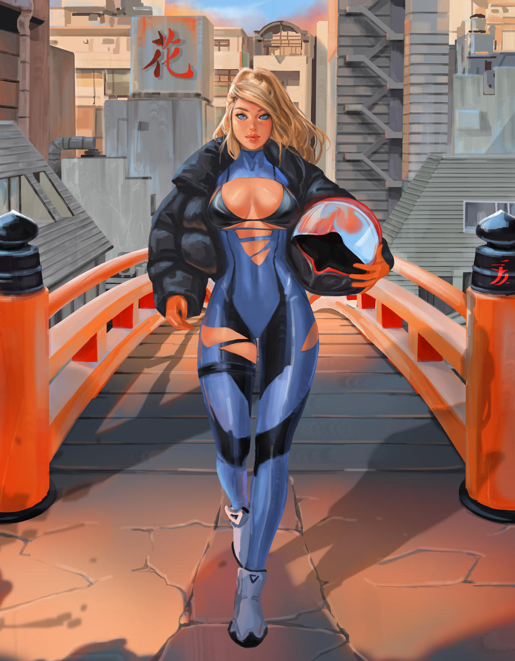 samus aran, zero suit samus, metroid, nintendo, 1girls, blonde hair, blue eyes, breasts, cleavage, female, female focus, female only, helmet, jacket, light-skinned female, light skin, long hair, mostly clothed, outdoors, outside, ripped clothing, ripped pants, solo, solo female, tattiart, 