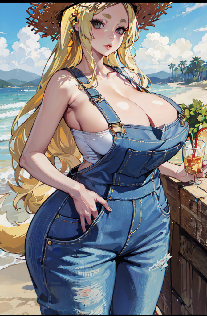 yasaka (high school dxd), high school dxd, 1girls, ai generated, blonde hair, cowgirl outfit, cup, day, hat, holding, huge breasts, huge hips, long hair, looking at viewer, milf, outdoors, straw hat, yellow eyes, 