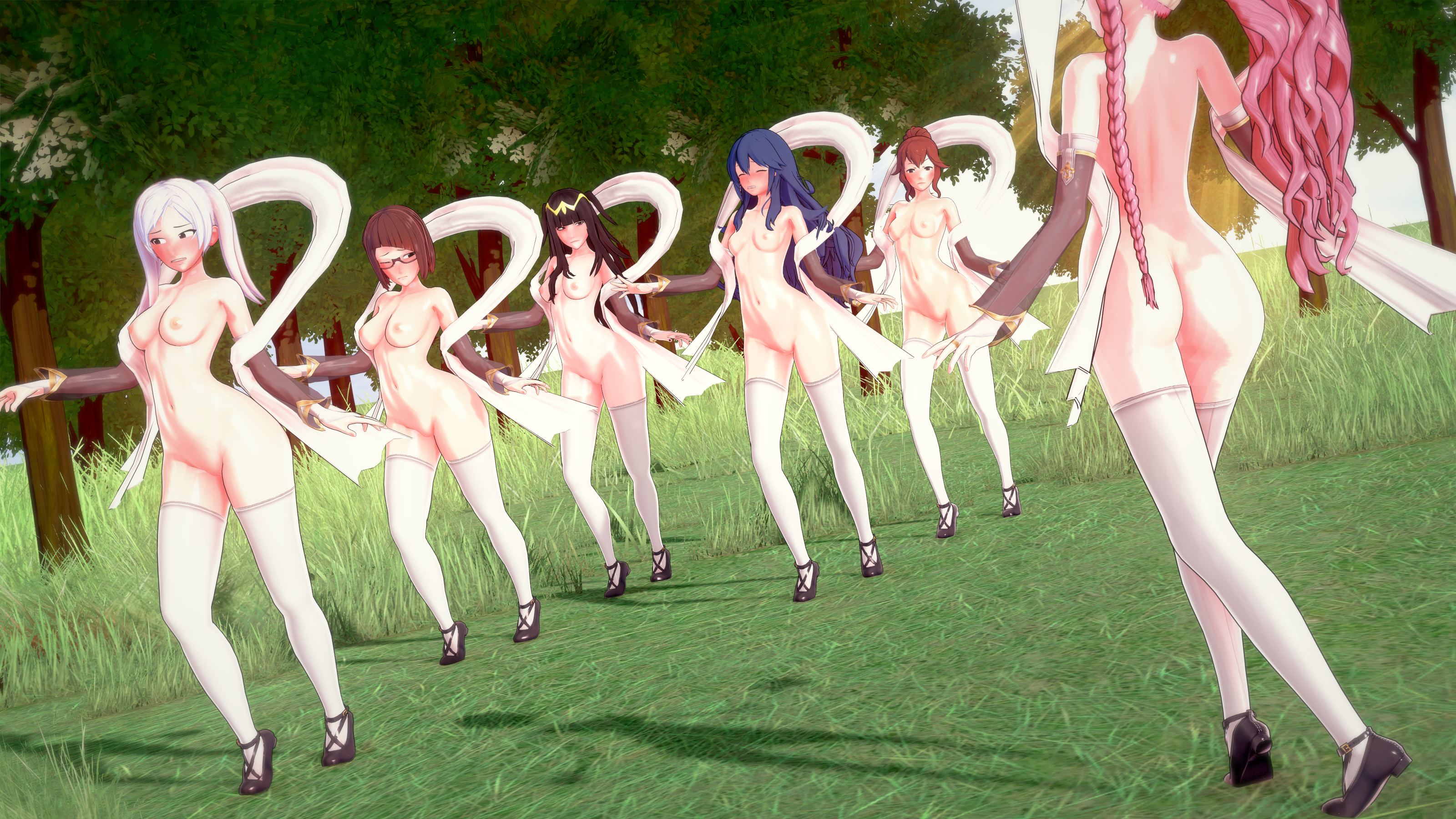 3d 6+girls 6girls angry anna_(fire_emblem) ass asymmetrical_bangs back bangs bare_back bare_shoulders big_ass black_eyes black_hair blue_hair blush braid breasts brown_hair clenched_teeth closed_eyes dancer dancing dume embarrassed embarrassed_nude_female enf exhibitionism female female_only fire_emblem fire_emblem_awakening frown functionally_nude functionally_nude_female heavy_blush long_hair looking_away lucina_(fire_emblem) medium_breasts medium_hair miriel_(fire_emblem) multiple_females multiple_girls naked_footwear naked_thighhighs navel nintendo nipples nude nude_female olivia_(fire_emblem) one_eye_closed outdoors pink_hair ponytail pose red_eyes red_hair robin_(fire_emblem) robin_(fire_emblem)_(female) shoes short_hair shoulders small_breasts socks socks_and_shoes take_your_pick tharja_(fire_emblem) thigh_socks thighhighs training tree twintails very_long_hair white_hair