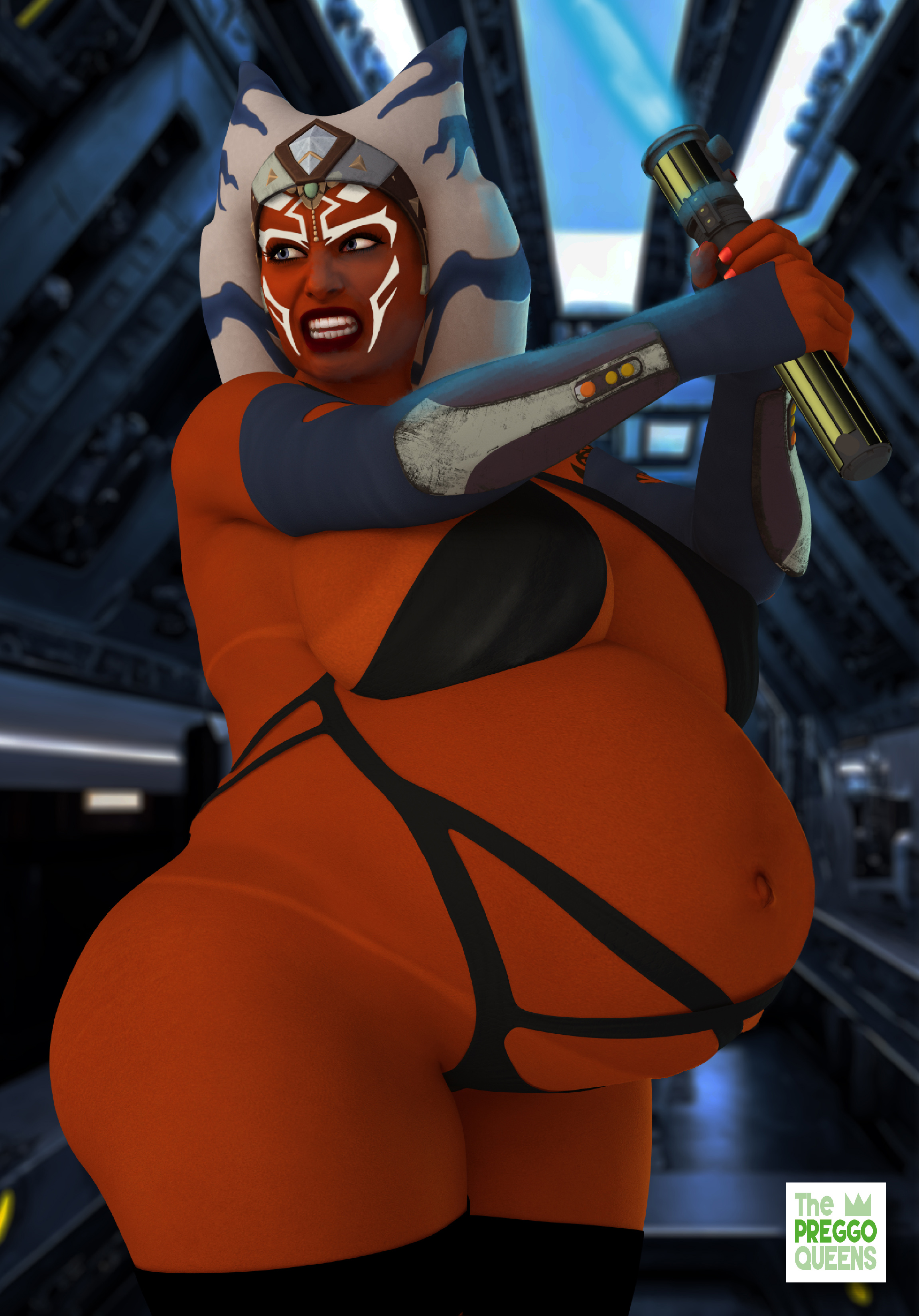 ahsoka tano, togruta, star wars, 1girls, alien, belly, big belly, big breasts, breasts, cleavage, female, huge breasts, lightsaber, orange skin, preggoqueen, pregnant, sideboob, skimpy, solo, tanline, thick thighs, 