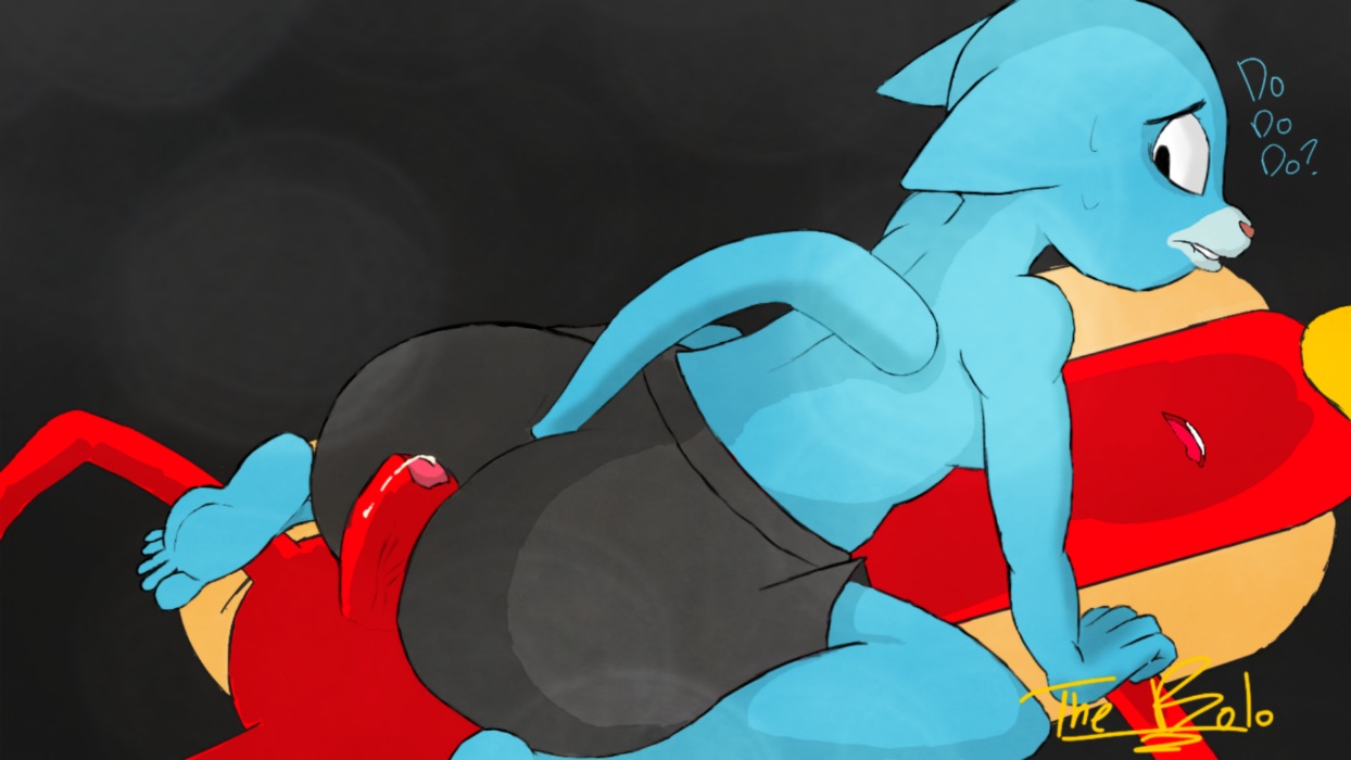 thebolo, gumball watterson, cartoon network, the amazing world of gumball, black background, simple background, 5 toes, aged up, animate inanimate, anthro, ass, big butt, biting lip, black eyes, blue fur, buttjob, clothed, clothing, cowgirl position, duo, ears back, eyebrows, eyeless, feet, feline, food, fur, furgonomics, hot dog, hotdog guy, humanoid feet, humanoid penis, humming, kneeling, looking back, lying, male, mammal, nude, on back, on top, open mouth, outercourse, partially clothed, partially retracted foreskin, penis, pink nose, precum, raised tail, red body, sex, signature, straddling, sweat, tan body, teeth, toes, two tone body, uncut, underwear, yaoi, 