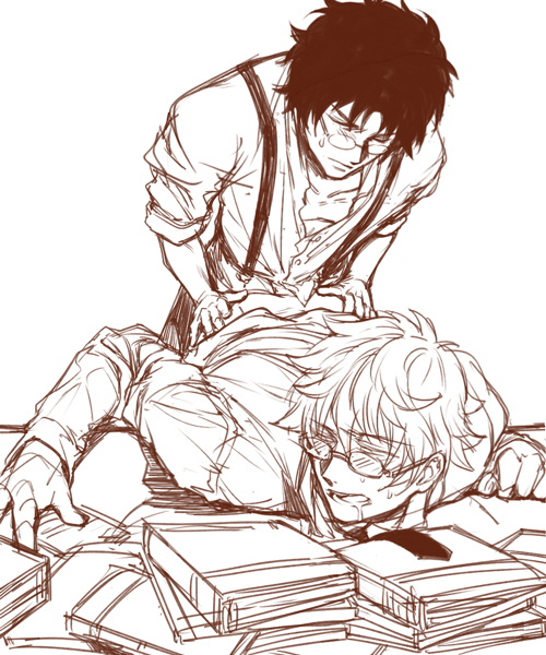 gintoki sakata, sakamoto tatsuma, gintama, monochrome, sketch, 2boys, anal, anal sex, bent over, clothed sex, desk, drooling, from behind, glasses, hands on ass, huang only, implied anal, male, male only, on table, suspenders, sweatdrop, table, teacher, unprofessional behavior, 