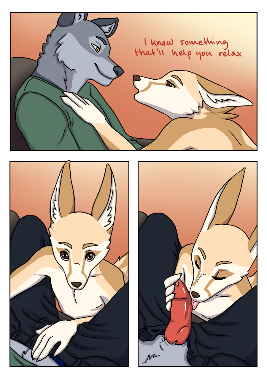 kateran, 2016, comic, english text, highres, orange background, simple background, text, 5 fingers, animal genitalia, animal penis, anthro, assisted exposure, bedroom eyes, black nose, canine, canine penis, chair, cheek tuft, closed eyes, duo, erection, eye contact, eyebrows, fennec, fox, fully clothed, fur, furry, gradient background, grey fur, half-closed eyes, hand on chest, hand on crotch, hand on penis, high-angle view, inner ear fluff, licking, looking down, looking up, male, mammal, nude, open mouth, open pants, oral, pants, penis, penis grab, penis lick, poking out, precum, seductive, sex, shirt, side view, sitting, slim, smile, tan fur, tongue, tongue out, tuft, white fur, wolf, yaoi, 