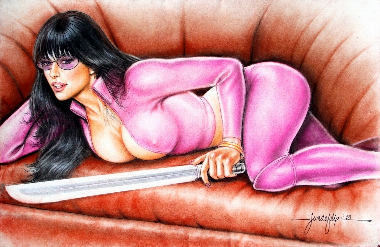 jun de felipe, milla jovovich, violet song jat shariff, ultraviolet, 2010, dated, 1girls, ass, big breasts, black hair, bracelet, bracelets, breasts, busty, cleavage, couch, curvaceous, curvy, erect nipples, erect nipples under clothes, female, female only, hand in hair, holding sword, holding weapon, human, jacket, large breasts, long hair, lying, lying down, lying on stomach, nail polish, nipple bulge, nipples, pants, pink jacket, pink lips, pink lipstick, pink nail polish, pink nails, pink pants, pinup, signature, solo, sunglasses, sword, thick thighs, thighs, voluptuous, weapon, 