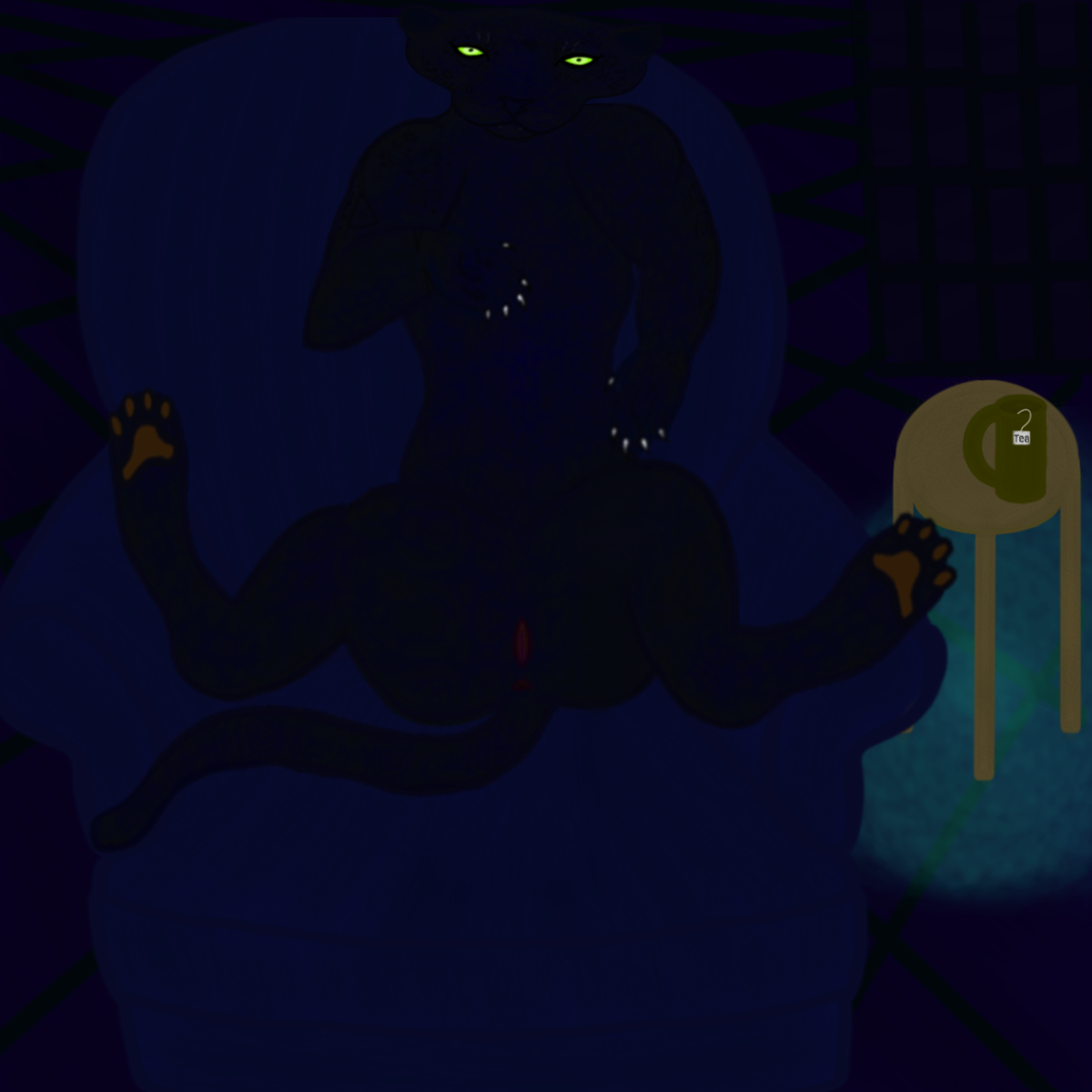 hi res, anus, beverage, chair, dark fur, darkness, felid, feline, female, feral, fur, furniture, genitals, hindpaw, inside, jaguar, kittybastetinati, mammal, pantherine, paws, presenting, pussy, rosettes, rug, seat, sitting, soles, solo, spots, table, tea, tiles, 