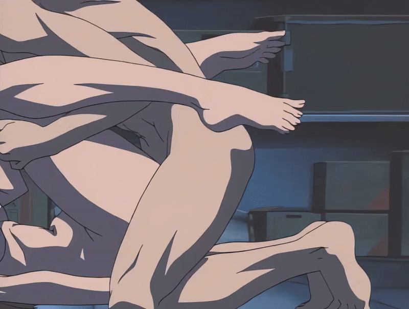 00s 1boy 1girls 2001 animated bible_black bible_black_night_of_the_walpulgiss blonde_hair blush bouncing_breasts breasts drill_hair drill_sidelocks female green_eyes gym_mattress large_breasts legs_apart legs_up lying minase_taki missionary nipples nude school sex shiraki_rika sidelocks storage_room tagme thighs