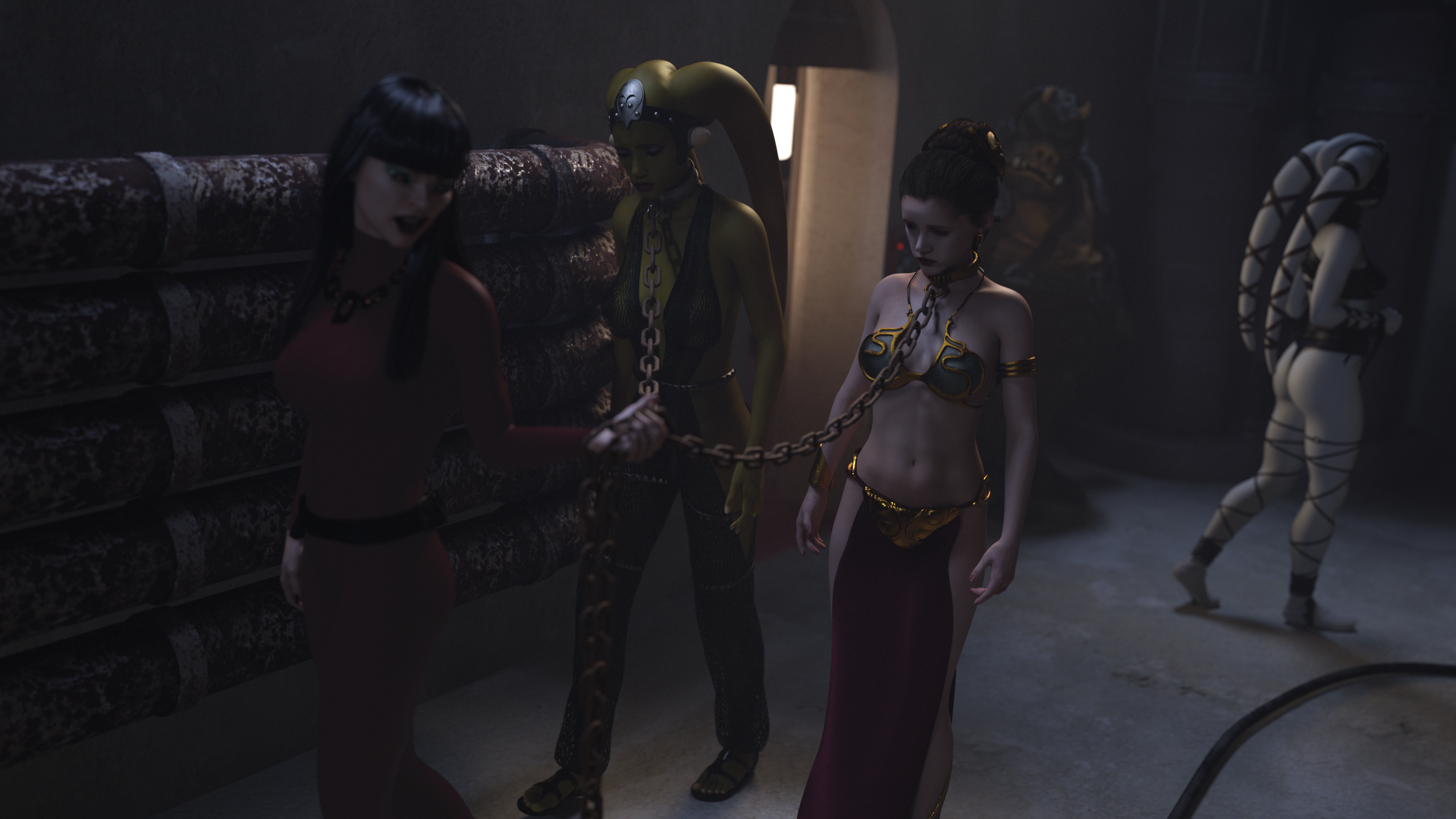 1boy 3d 4girls alexbridger belly_dancer belly_dancer_outfit bitch_taken_for_walk body_wraps bodysuit brown_eyes chain_leash chains dancer dark_room domination enslaved_royal female femdom femsub fishnets gamorrean green_skin guard harem harem_girl harem_outfit holding_leash interspecies leash lezdom lyn_me male melina_carniss multiple_females multiple_girls oola pale_blue_skin princess_leia_organa return_of_the_jedi skintight slave slave_bikini slave_collar slave_girl slave_leia slave_outfit standing star_wars submissive submissive_female twi'lek walking white_body yuri