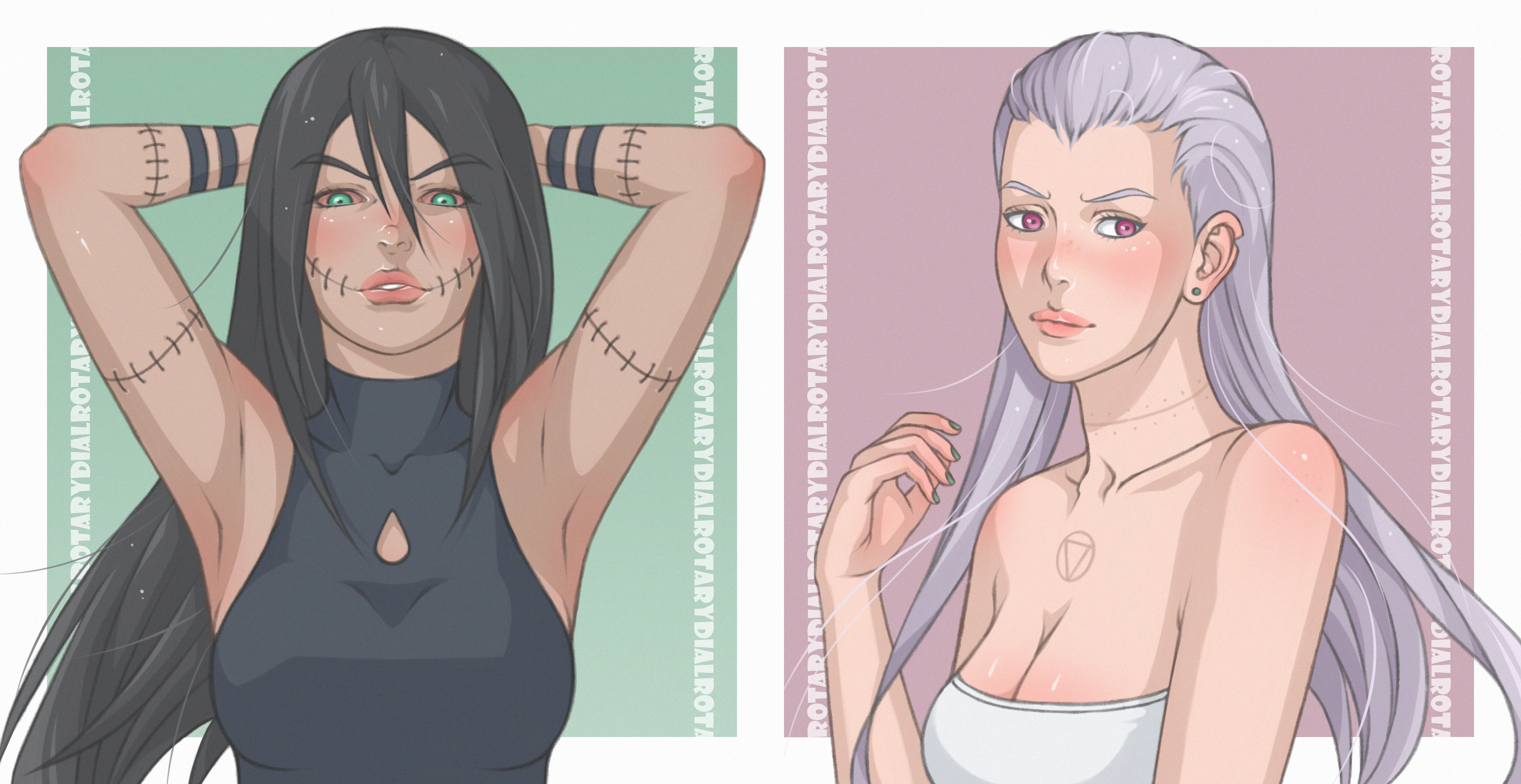 2girls absurd_res absurdres armpit_fetish armpits arms_behind_head arms_up bbw big_breasts black_nail_polish black_nails blush body_tattoo boobs breasts brown_skin busty chest_tattoo cleavage dark-skinned_female dark_skin ear_piercing ear_ring earrings female female/female female_focus female_only gender_transformation genderswap genderswap_(mtf) green_eyes hi_res hidan high_resolution highres inner_sideboob jewelry kakuzu large_breasts lesbian lesbian_couple lesbians light-skinned_female light_skin lips lipstick long_hair looking_at_viewer makeup nail_polish naruto naruto_(series) naruto_shippuden painted_nails pale-skinned_female pale_skin pink_eyes pink_lips pink_lipstick pinup rotarydial rule_63 shonen_jump shounen_jump shueisha sideboob silver_hair sleeveless sleeveless_shirt stitched stitches tan_body tan_skin tattoo tits tubetop weekly_shonen_jump weekly_shounen_jump yuri