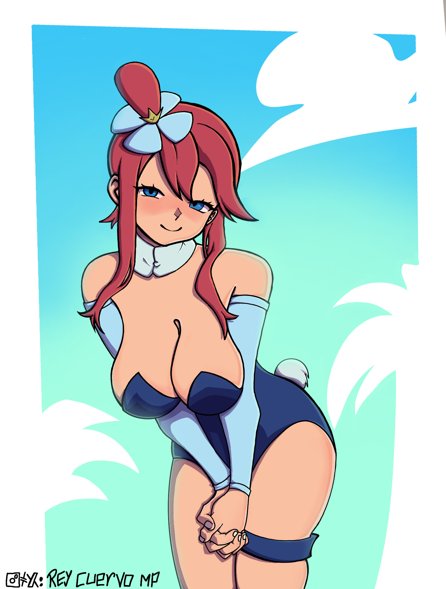 1girls at background blue blush boots breasts crossed elbow eyes female footwear game_freak gloves gym_leader hair large legs looking mouth nintendo open ornament pokemon pokemon_bw red reycuervomp shorts sidelocks sitting skyla_(pokemon) smile solo suspenders thighs viewer white