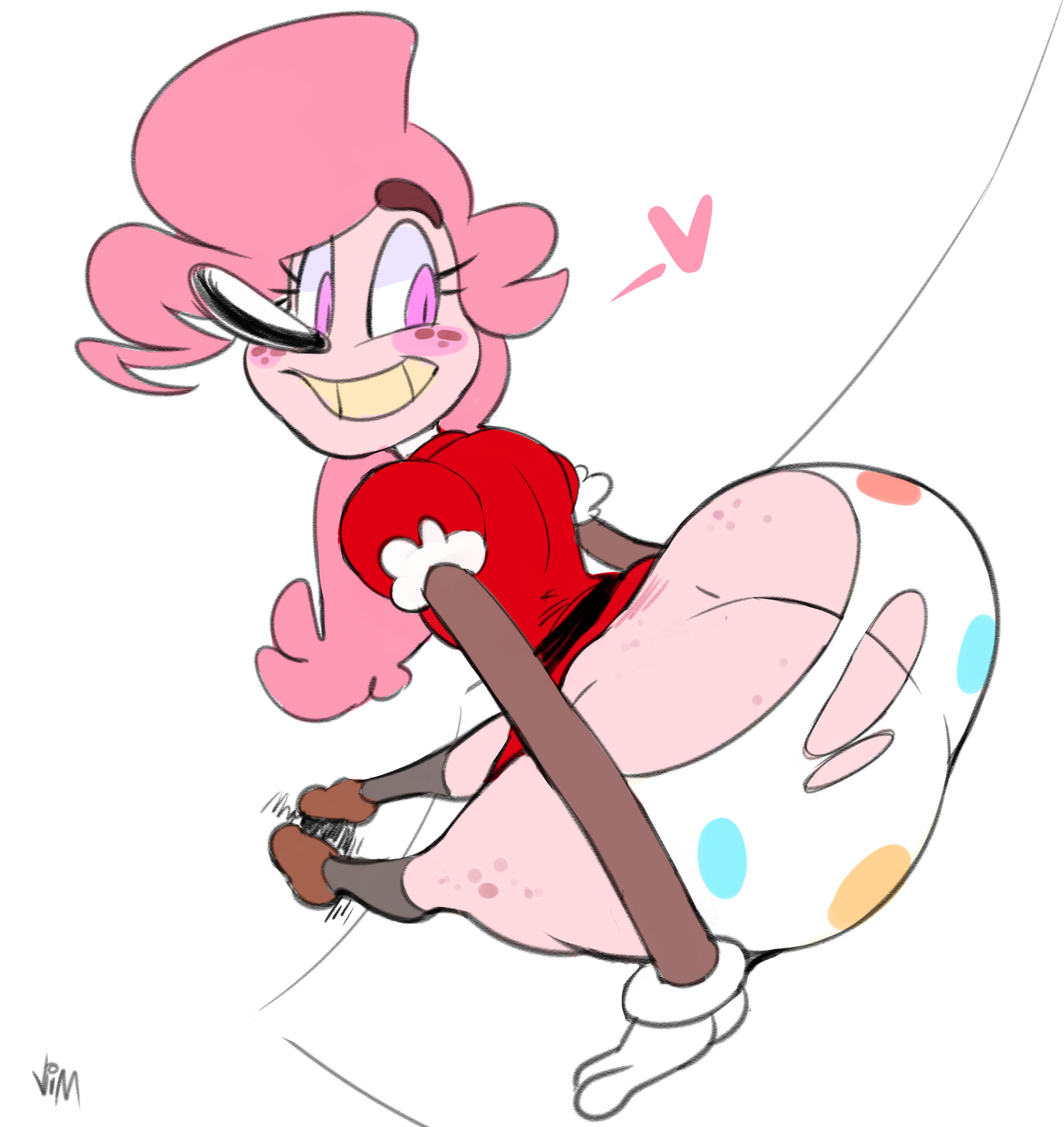 vimhomeless, mrs. mayhem, 1boy, against wall, ass, big ass, clothed, clothing, eyelashes, femboy, girly, heart, male, male only, panties, pink eyes, smile, solo, trap, white hair, 