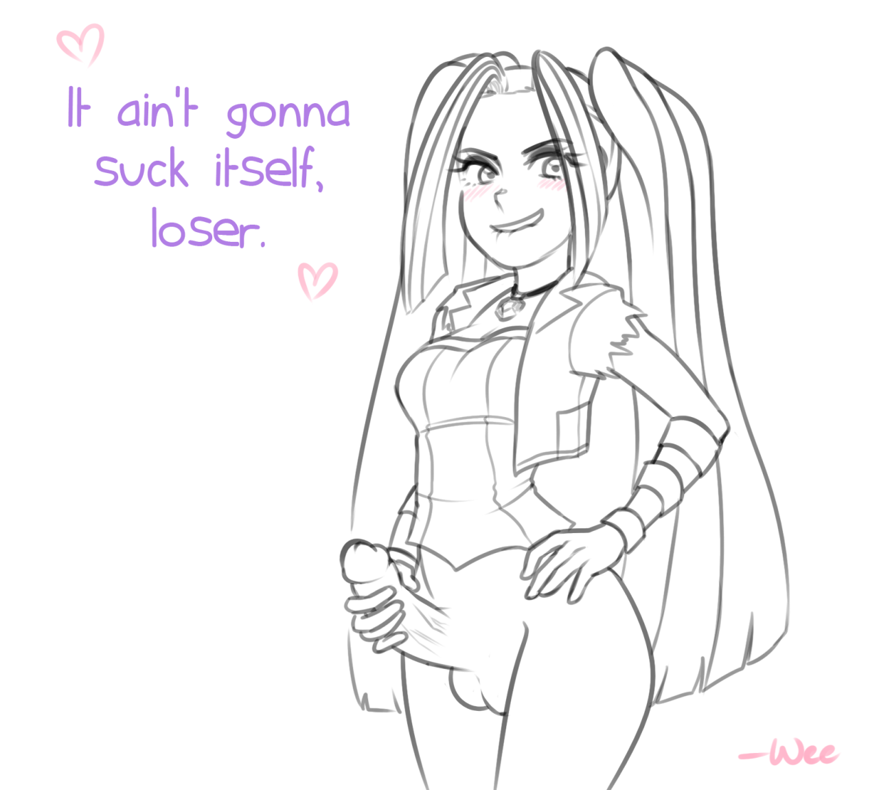 nsfwee, aria blaze, equestria girls, friendship is magic, my little pony, rainbow rocks, sketch, 1futa, blush, bottomless, english, futa only, futanari, heart, human, humanized, jacket, long hair, looking at viewer, necklace, penis, penis grab, solo, testicles, tied hair, twintails, 