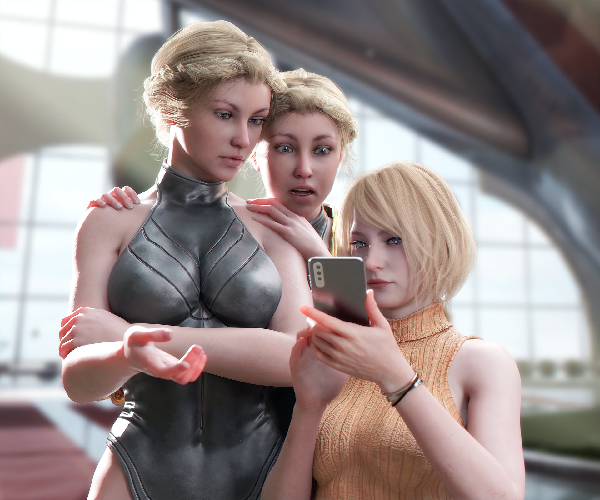 ashley graham, resident evil, resident evil 4, 3d, digital media (artwork), spoilers, 3girls, android, android girl, athletic, athletic female, atomic heart, ballerina, big breasts, blonde hair, breasts, bust, busty, cleavage, crown braid, curvaceous, curvy, curvy figure, ekaterina nechayeva, eyes, female, female focus, female only, fit, fit female, gynoid, hips, hourglass figure, huge ass, huge breasts, human, humanized, humanoid, large breasts, left (atomic heart), legs, looking at viewer, mature, mature female, mundfish, resident evil 4 remake, right (atomic heart), robot girl, robot humanoid, russian, soviet union, the twins (atomic heart), thick, thick ass, thick hips, thick legs, thick thighs, thighs, top heavy, twins, upper body, voluptuous, waist, wide hips, word2, 
