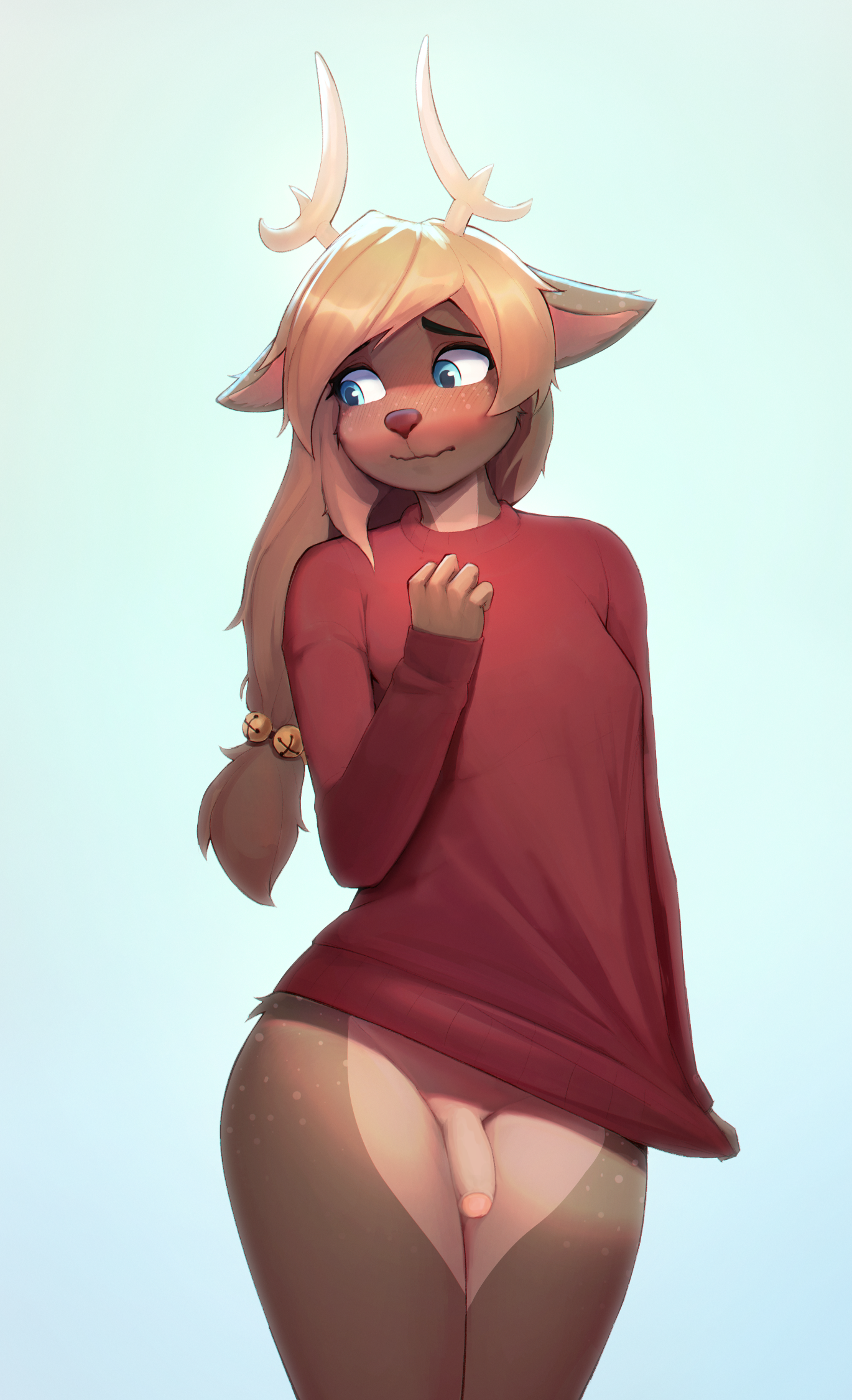 anthro anthro_only antlers barely_clothed blonde_hair blue_eyes blush bottomless brown_body brown_fur brown_nose capreoline cervid curvy curvy_figure deer deer_ears edit edited embarrassed exposed_penis flaccid flaccid_penis furry futanari genderswap genderswap_(fti) half-erect intersex long_hair looking_away male male_only mammal partially_clothed penis red_sweater reindeer reyn_(nukapone) rule_63 solo standing sweater third-party_edit topwear topwear_only visible_penis yorzis