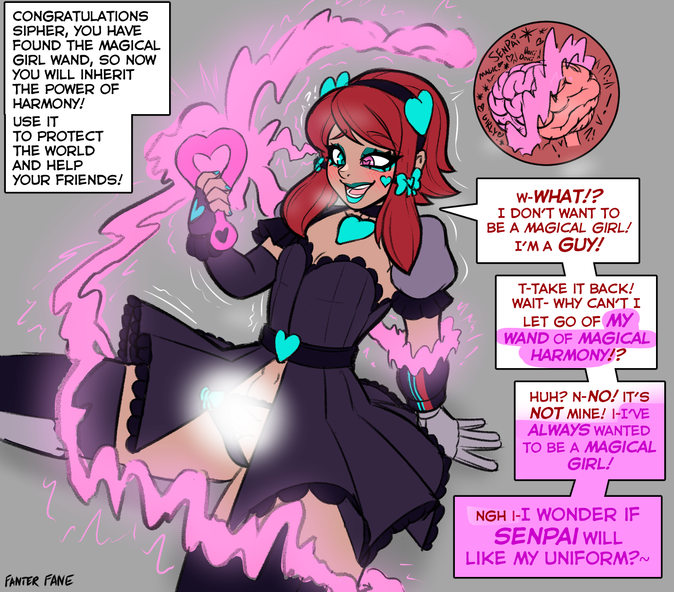 original character, original, color, english text, text, 1boy, blue lipstick, brain, brainwashing, brown skin, bulge, crossdressing, fanterfane, femboy, feminine male, feminization, forced feminization, forced transformation, gloves, heart-shaped pupils, identity death, magic, magical girl, makeup, mind control, panties, pantyhose, penis, penis in panties, personality change, red hair, resisting, thick thighs, transformation, trap, 