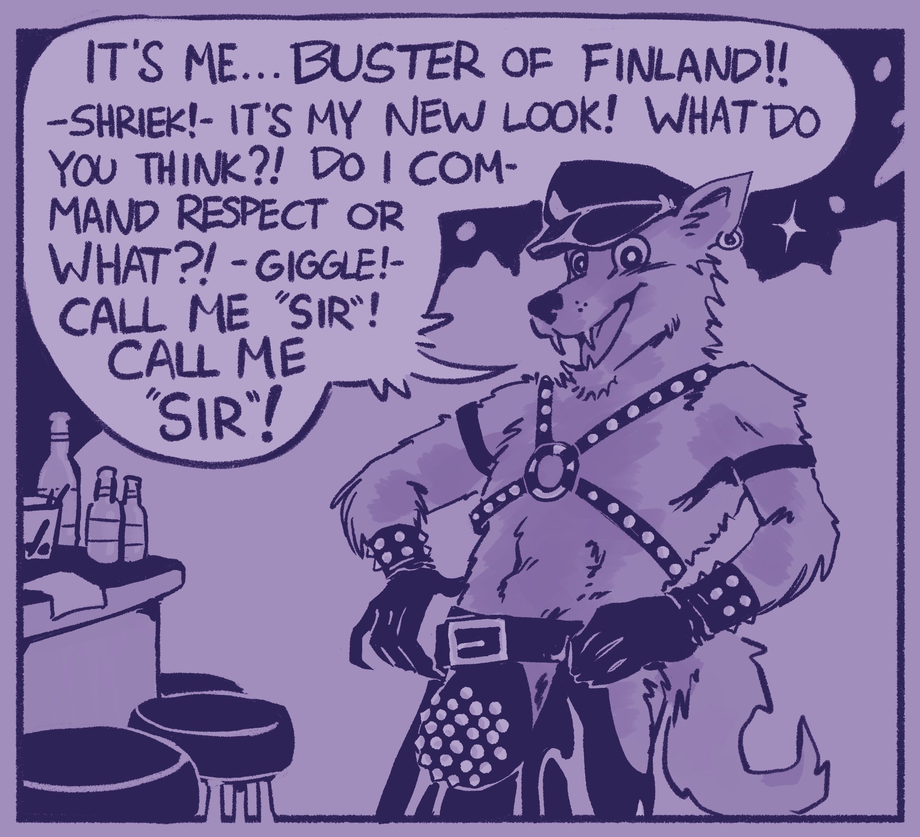 tom of finland, hi res, purple background, simple background, speech bubble, text, 2021, anthro, bar, belt, biped, bottle, bulge, buster wilde, chaps, clawheld, clothing, codpiece, container, ear piercing, ear ring, fangs, furniture, glass, gloves, handwear, harness, hat, headgear, headwear, laugh, leather, leather hat, leather headgear, leather headwear, male, piercing, purple text, redraw, restricted palette, ring piercing, solo, stool, studded harness, studded underwear, studs, teeth, 