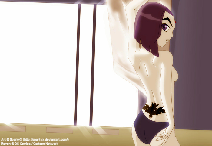 sparkyx, raven, dc, dcau, teen titans, 1girls, female, female only, solo, tattoo, topless, tramp stamp, 