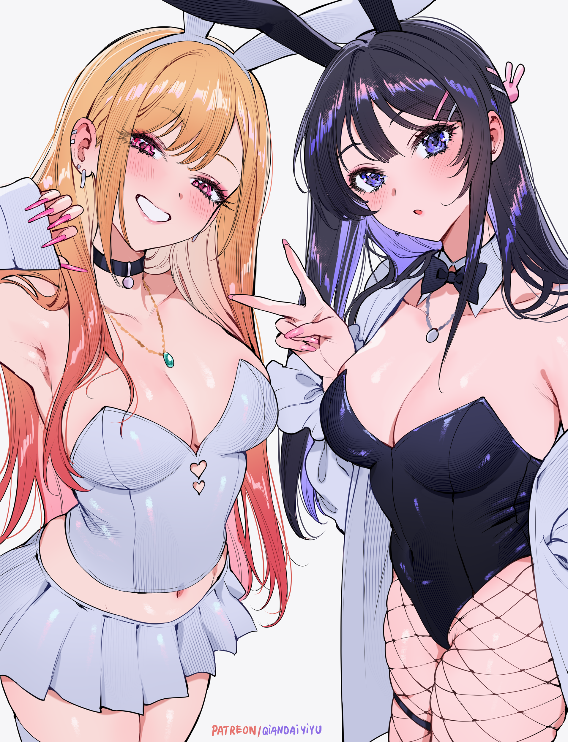 2girls :o absurdres animal_ear_hairband animal_ears armpit_crease artist_name black_bow black_bowtie black_choker black_hair black_leotard blonde_hair blush bowtie breasts choker cleavage cloverworks company_connection covered_navel detached_collar fake_animal_ears fake_nails female_focus fishnet_pantyhose fishnets grin gyaru hair_ornament hairband hairclip highres jewelry kitagawa_marin large_breasts leotard long_hair looking_at_viewer medium_breasts miniskirt multicolored_hair multiple_girls necklace pantyhose patreon_username pink_eyes pink_nails playboy_bunny purple_eyes qiandaiyiyu rabbit_ear_hairband rabbit_ears sakurajima_mai season_connection seishun_buta_yarou skirt smile sono_bisque_doll_wa_koi_wo_suru strapless strapless_leotard teeth thigh_strap thighhighs v very_long_hair white_background white_thighhighs