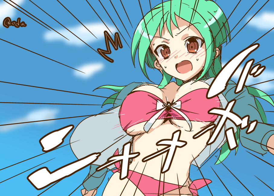 1girls alternate_breast_size anjou_tokoha blush breasts cardfight!!_vanguard cardfight!!_vanguard_g female green_hair jacket oda_koziki sky solo solo_female swimsuit