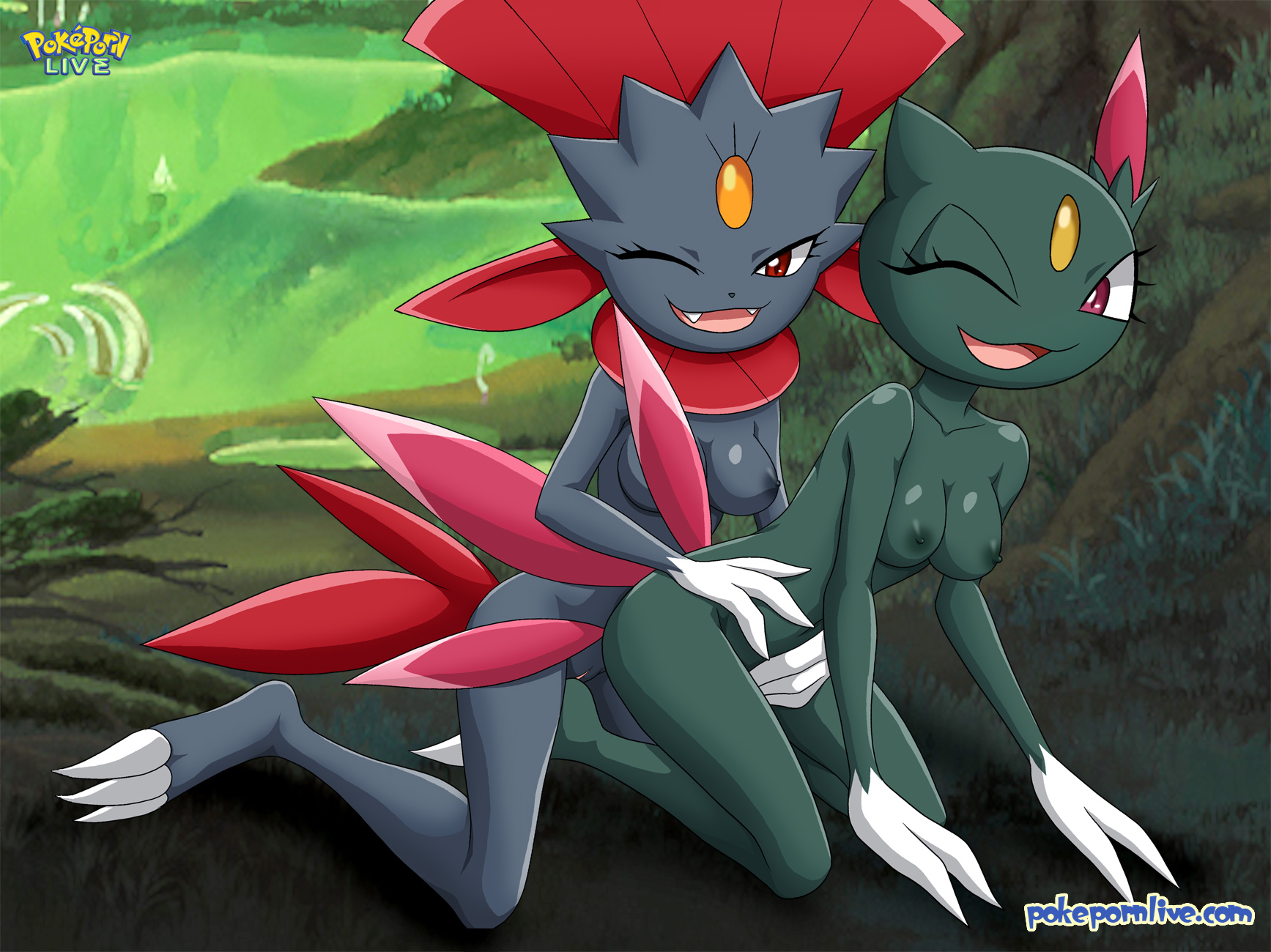 sneasel, weavile, game freak, pokepornlive, 2girls, anthro, breasts, claws,...