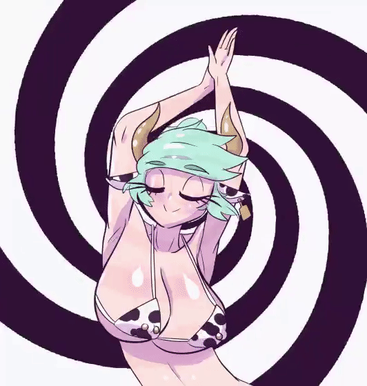 animated armpits arms_above_head big_breasts bouncing_breasts bovine breasts closed_eyes collarbone cow_girl cow_print dancing ear_tag female_only femdom gigantic_breasts green_hair horns huge_breasts hypnosis hypnotic_breasts hypnotic_spiral hypnotizing_viewer lactating lactation lactation_through_clothes lactation_without_expressing lactation_without_stimulation navel original pink_eyes pov pov_sub short_hair smile spiral_background superreflex swinging_breasts