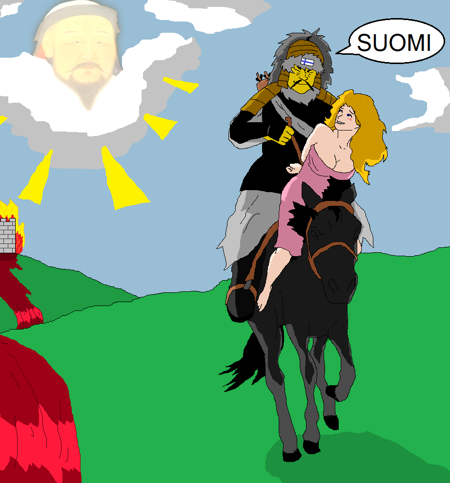 anonymous artist, meme, tagme, biting lip, blush, finland, genghis khan, hands tied behind back, horse, kidnapping, large breasts, river of blood, 
