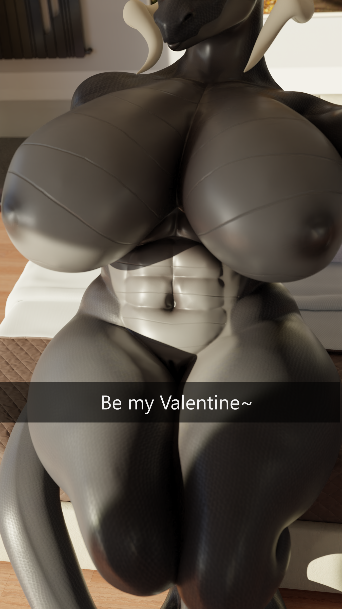 holidays, 3d (artwork), absurd res, digital media (artwork), hi res, text, abs, anthro, areola, big breasts, black body, breasts, camera view, delbi3d, dragon, female, genitals, grey areola, grey nipples, horn, huge breasts, inside, inviting, lips, navel, nipples, pussy, rheka (delbi3d), scales, shiny (disambiguation), sitting, solo, thick thighs, valentine's day, 