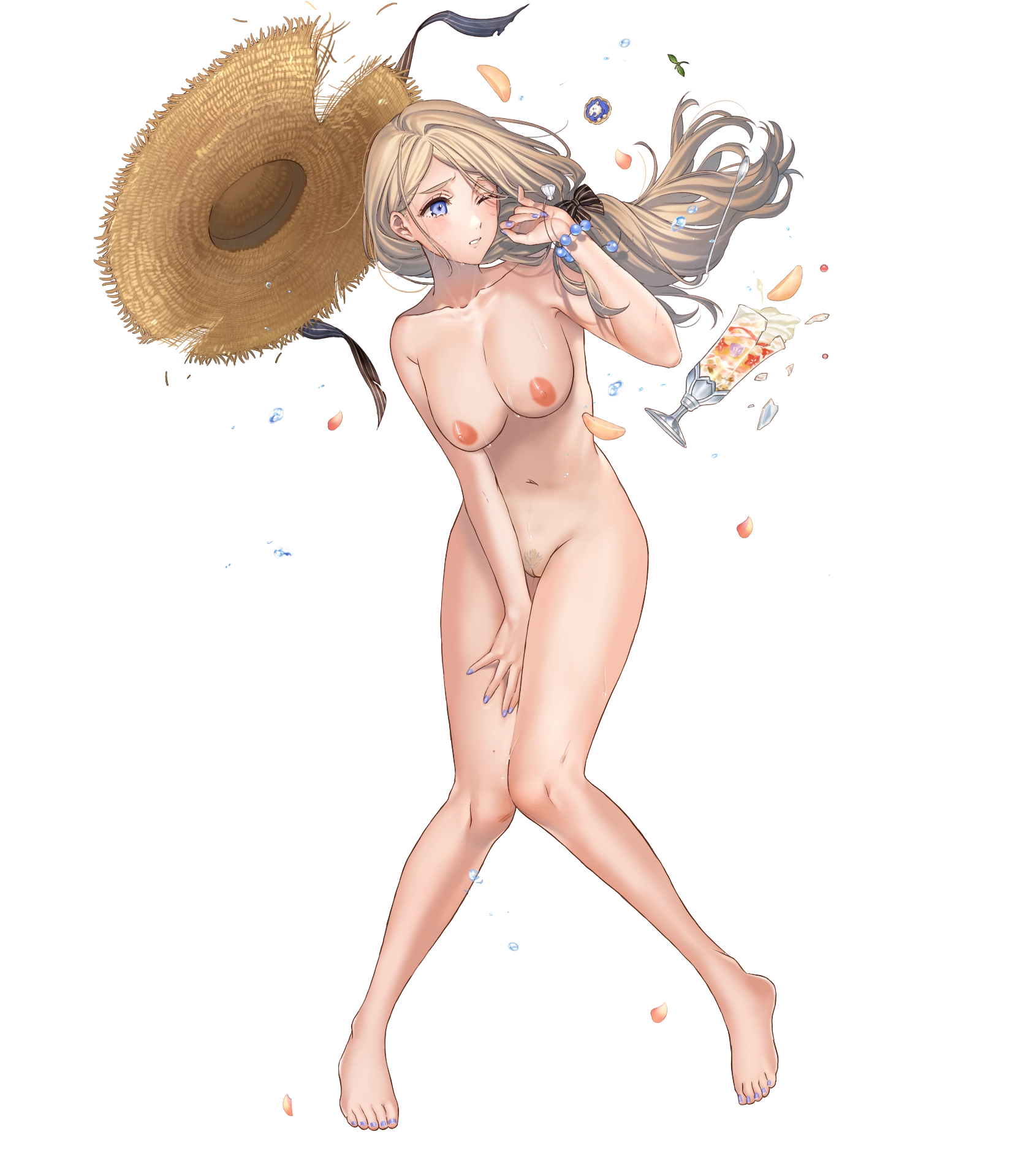fire emblem, fire emblem: three houses, fire emblem heroes, nintendo, official art, transparent background, 1girls, alternate costume, blonde hair, blue eyes, completely nude, female pubic hair, food, hair over shoulder, hat, ice cream, large breasts, long hair, mercedes von martritz, naked hat, nipples, nude, nude female, official alternate costume, one eye closed, pubic hair, samuraijam34, side ponytail, solo, sun hat, torn clothes, 