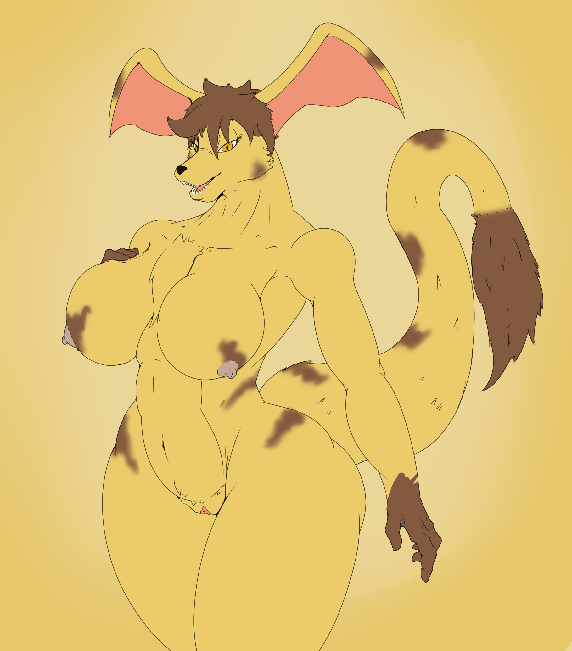 angrypotato96, slightly damned, anthro, breasts, female, jakkai, looking at viewer, nipples, nude, open mouth, pussy, solo, standing, thick thighs, 