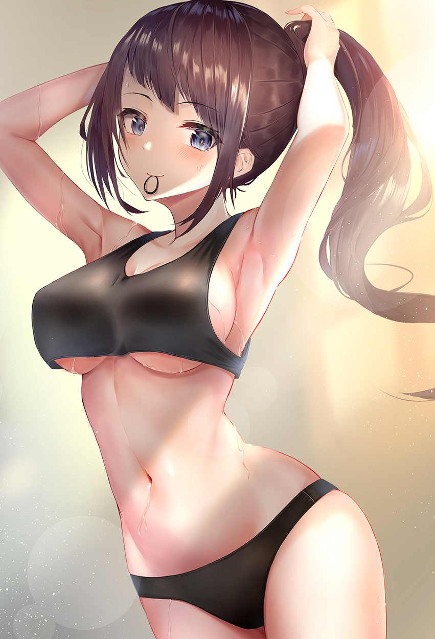 yk, original, highres, 1girl, armpits, arms up, bikini, black bikini, blue eyes, blush, breasts, brown hair, closed mouth, cowboy shot, crop top, crop top overhang, hair tie, hair tie in mouth, long hair, medium breasts, mouth hold, navel, ponytail, sidelocks, skindentation, smile, solo, stomach, sunbeam, sweat, swimsuit, tying hair, underboob, 