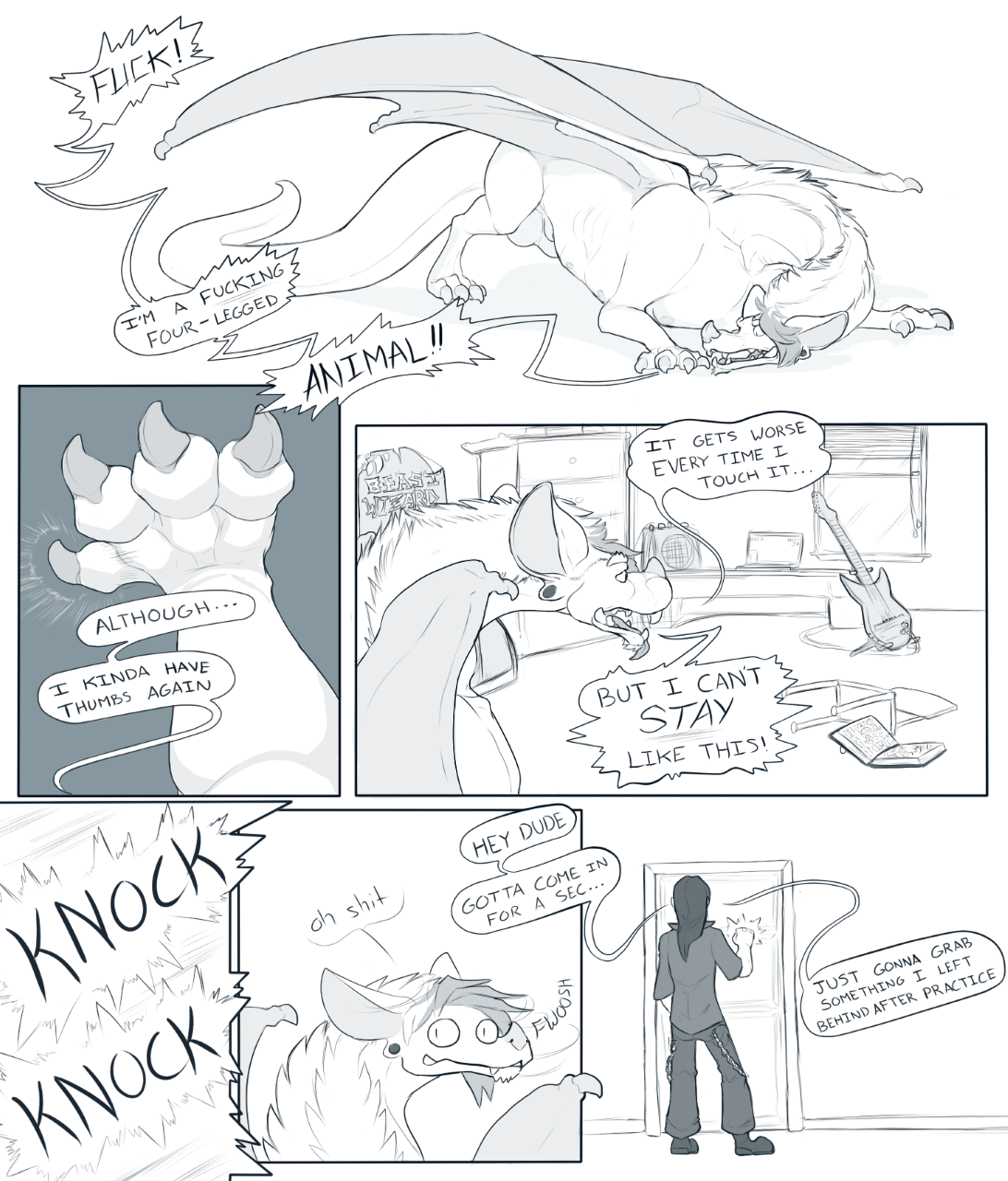 hexacult, 2017, comic, english text, monochrome, sound effects, speech bubble, text, 4 fingers, 4 toes, animal genitalia, balls, bat, big balls, biped, book, boots, chair, claws, clothed, clothing, dialogue, door, dragon, ear piercing, eyebrows, fangs, feral, footwear, fur, furred dragon, guitar, hair, hindpaw, human, hybrid, inside, jacket, long tail, male, mammal, membranous wings, monster, muscular, muscular male, musical instrument, nipples, nude, onomatopoeia, open mouth, pants, paws, pecs, piercing, poster, quadruped, rear view, sharp teeth, sheath, surprise, teeth, toe claws, toes, tongue, tongue out, transformation, wings, 