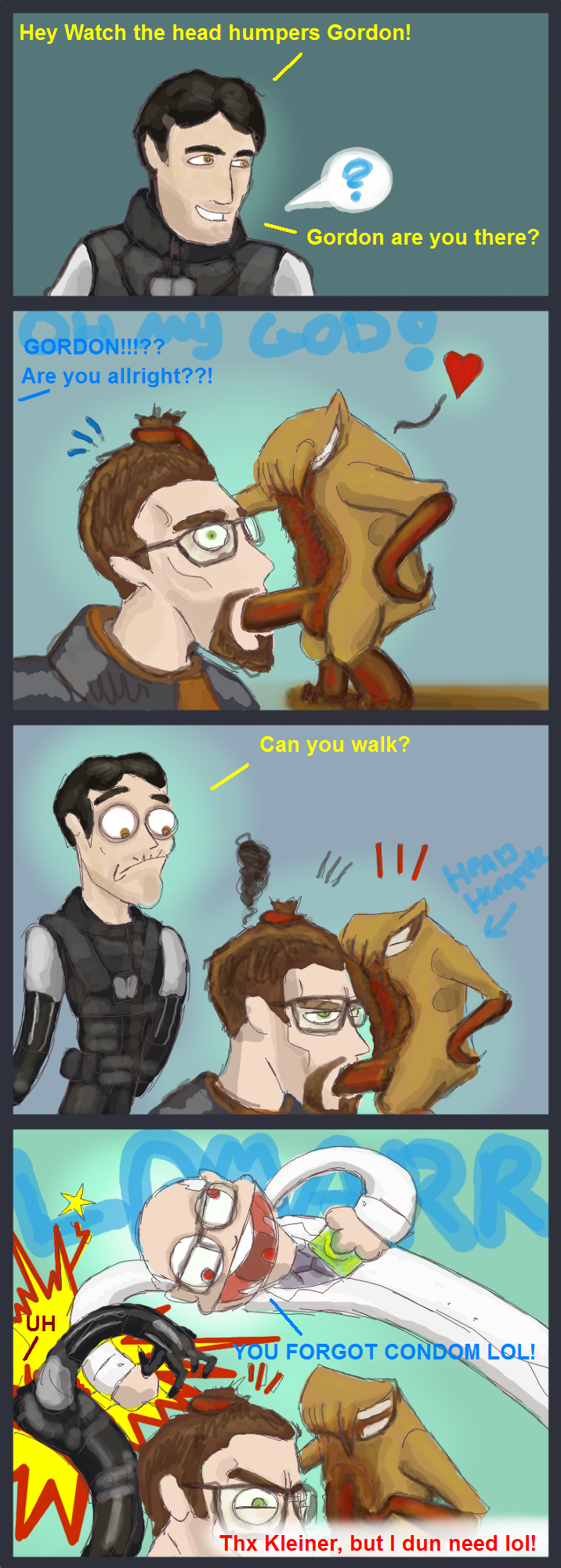 barney, gordon freeman, headcrab, lamarr, half-life, half-life 2, english text, text, black hair, dr. kleiner, gay, green eyes, penis, standing, 