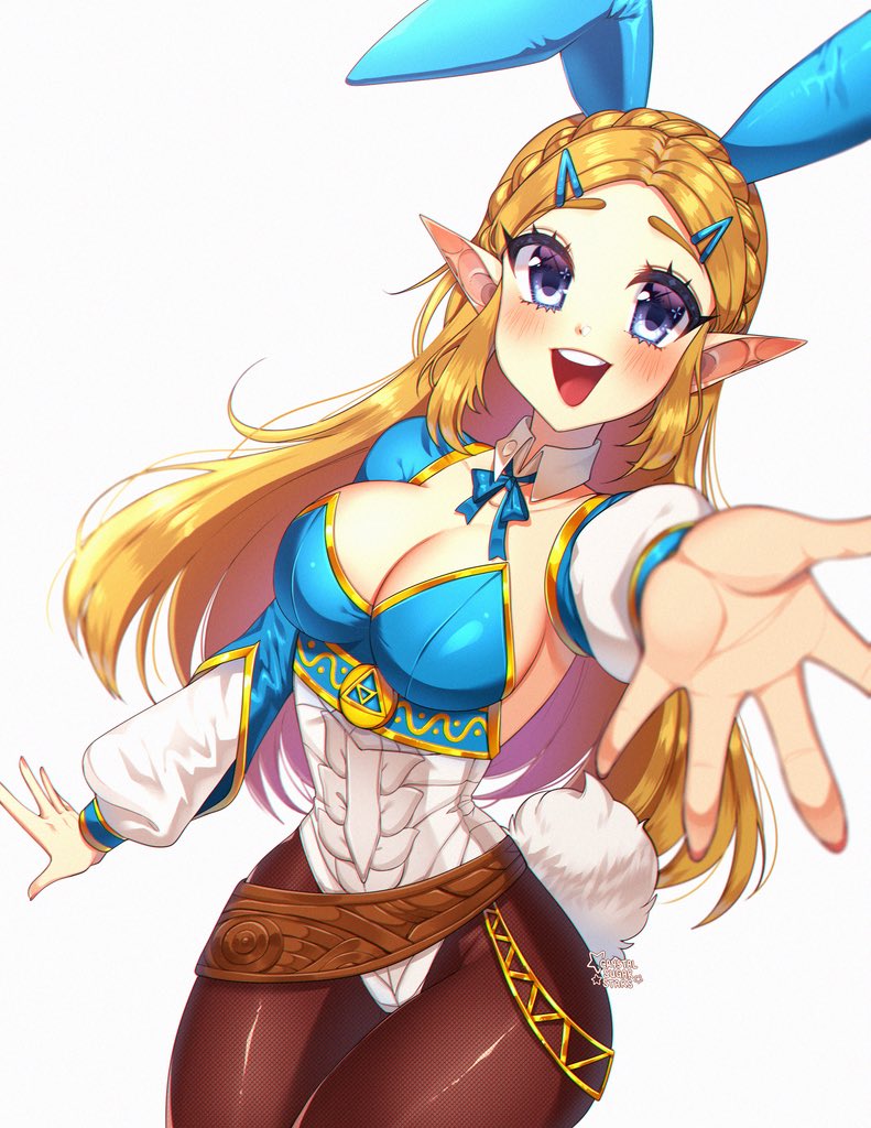 crystalsugarstars (artist), princess zelda, zelda (breath of the wild), the legend of zelda, white background, blonde hair, blush, breasts, bunny ear, bunny ears, bunny girl, bunny suit, bunny tail, bunnysuit, clothing, elf ears, female, female only, long hair, smile, solo, teeth, tongue, white skin, 