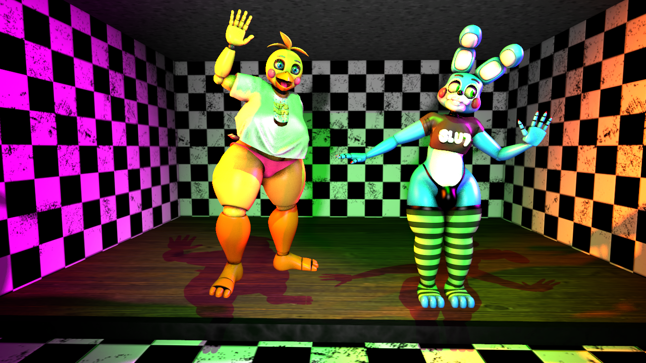 bonnie (fnaf), chica (fnaf), toy bonnie (fnaf), toy chica (fnaf), 3d, sfm, source filmmaker, 1femboy, 1girls, anthro, bulge, bunny, chicken, clothed, clothing, female, femboy, furry, panties, performance, performing, shirt, t-shirt, thick thighs, thong, underwear, waving, waving hand, 
