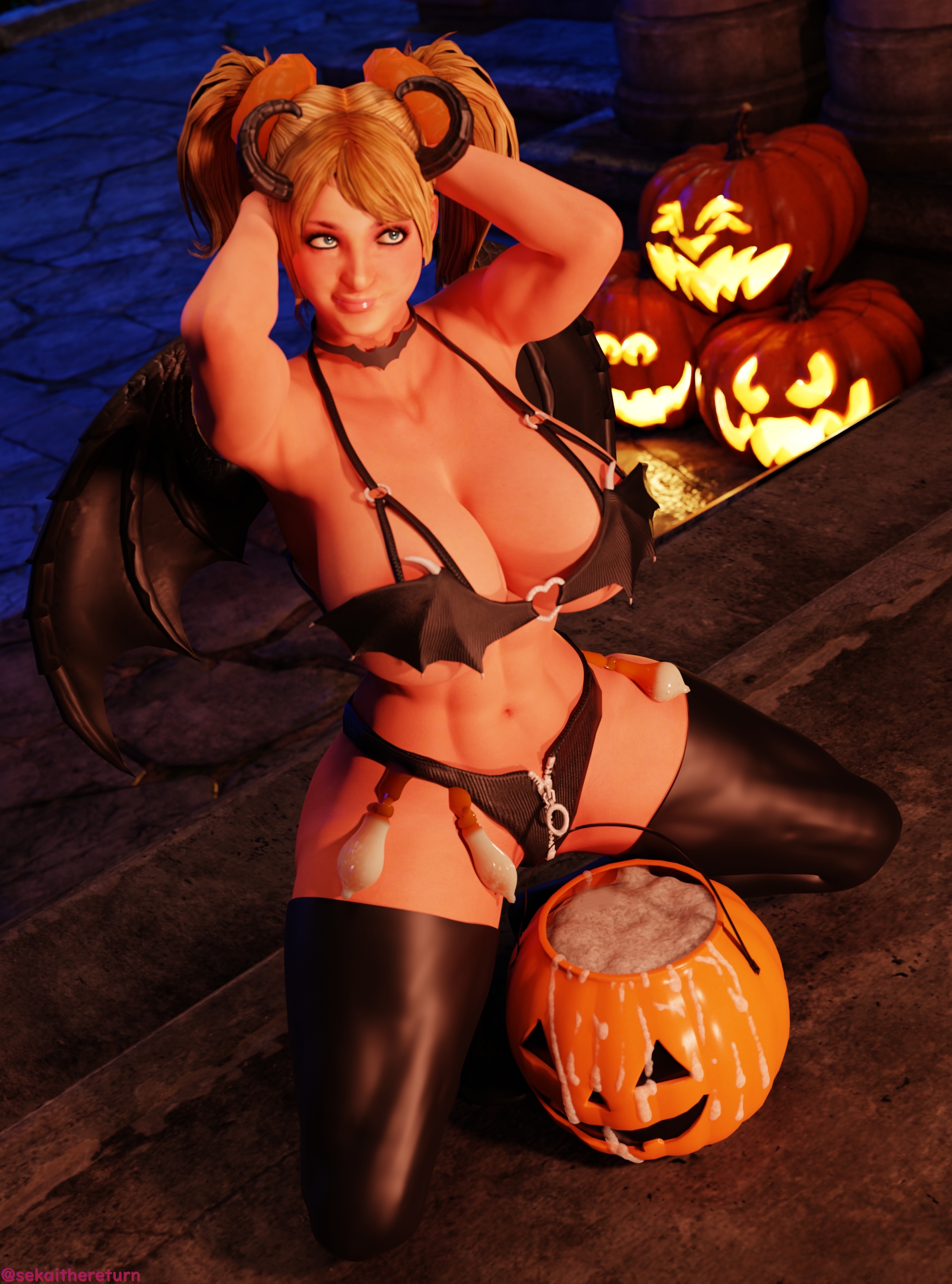 juliet starling, halloween, lollipop chainsaw, 3d, tagme, abs, athletic, athletic female, big breasts, blonde hair, blue eyes, breasts, busty, choker, cleavage, condom, condom belt, cum, cum in container, female, female focus, female only, halloween costume, hourglass figure, jack-o'-lantern, kneeling, long hair, makeup, muscle tone, navel, sekaithereturn, succubus, succubus costume, succubus horns, succubus wings, thighhighs, toned, toned female, twintails, underboob, used condom, wide hips, wings, 