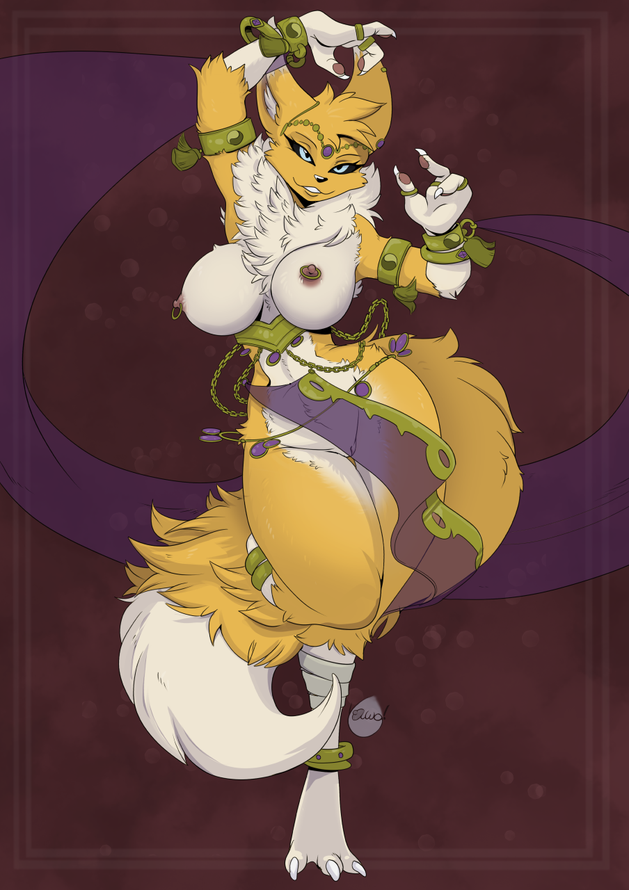 2024 3_fingers anklet anthro areola armlet bandai_namco bedlah big_breasts black_sclera blue_eyes bracelet breasts canid canine circlet digimon digimon_(species) digit_ring dipstick_ears dipstick_tail ear_markings eyelashes feet female finger_ring fingers fox fur genitals gloves_(marking) harem harem_jewelry hi_res inner_ear_fluff innie_pussy jewelry leg_markings looking_at_viewer markings multicolored_ears neck_tuft nipple_piercing nipple_ring nipples piercing pussy renamon ring_piercing smile socks_(marking) solo tail tail_markings thick_thighs thigh_gap tuft white_body white_fur yawg yellow_body yellow_fur