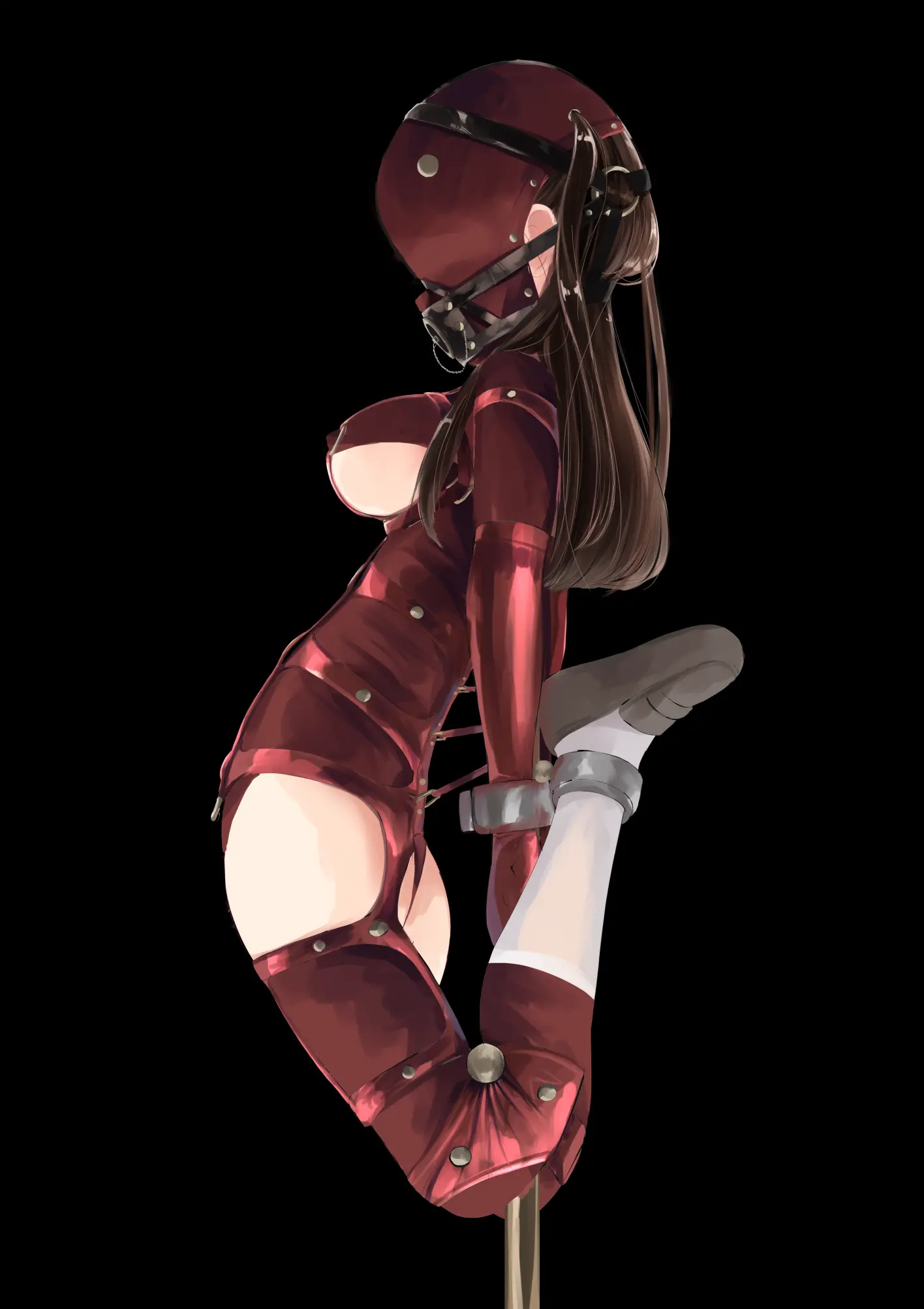 1girls arms_behind_back bangs bdsm_gear bdsm_harness bdsm_outfit black_background bondage bondage_gear bondage_harness bondage_outfit bound breasts brown_hair face_mask female from_side gag gagged harness_gag helpless helpless_female highres ignitione long_hair medium_breasts metal_bondage nipples nude open_mouth_gag original plug_gag restrained ring_gag sex_slave simple_background slave socks solo stationary_restraints white_legwear