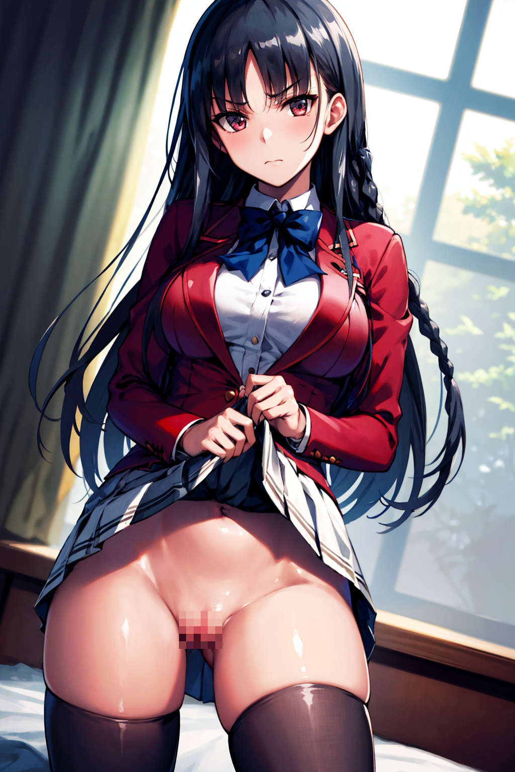 horikita suzune, ai generated, black hair, blush, classroom of the elite, e...