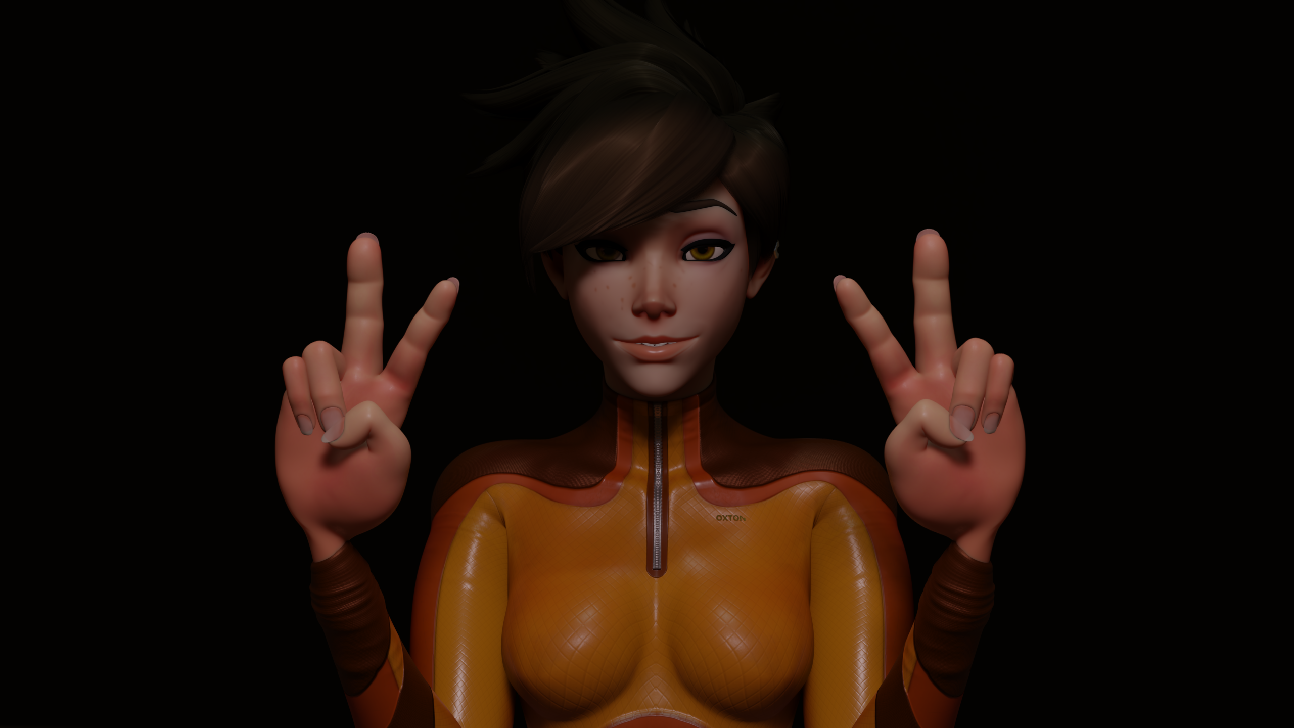 1girls 3d blender blender_eevee blizzard_entertainment bodysuit breasts brown_eyes brown_hair ear_piercing erevos female female_only light-skinned_female light_skin looking_at_viewer orange_bodysuit overwatch overwatch_2 overwatch_league peace_sign smile smiling smiling_at_viewer solo solo_female teeth_showing tracer zipper