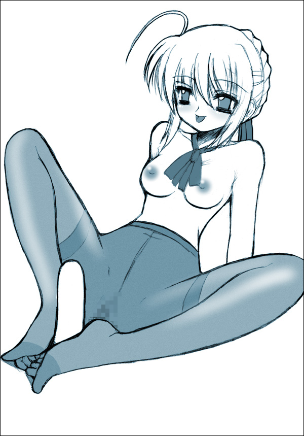 artoria pendragon, fate/stay night, fate (series), censored, monochrome, bare shoulders, feet, footjob, footjob with legwear, happy, pantyhose, penis, topless, 