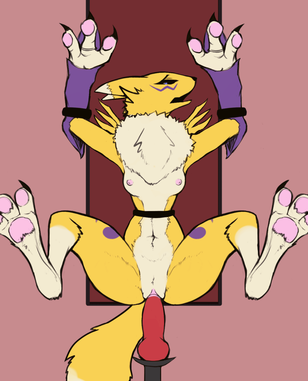 digimon (species), renamon, bandai namco, digimon, animated, hi res, simple background, 3 toes, anthro, bouncing breasts, bound, breasts, claws, feet, female, fur, genitals, looking pleasured, nipples, open mouth, pawpads, paws, penetration, pussy, small breasts, solo, toes, vaginal penetration, white body, white fur, xzorgothoth, yellow body, yellow fur, 