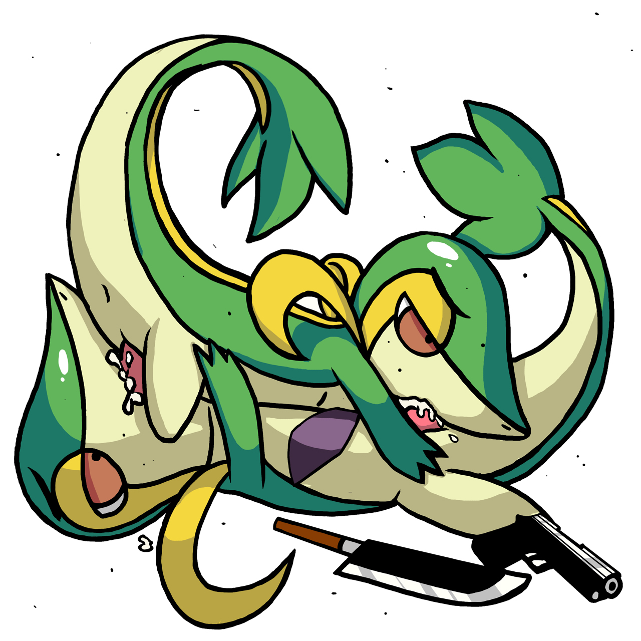 snivy, color, 69, cum, fellatio, feral, gun, insertion, knife, male, male only, multiple males, oral, penis, pokemon, side view, weapon, yaoi, 