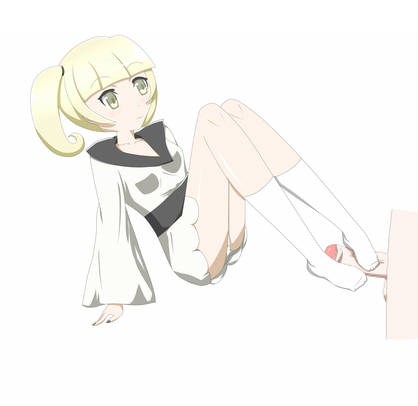furisode girl (pokemon), furisode girl karen, npc trainer, nintendo, pokemon (game), pokemon xy, censored, ass, blonde hair, blush, breasts, collarbone, feet, female, footjob, knees, leaning back, legs, nail, panties, penis, pokemon, sitting, small breasts, smile, solo, tied hair, traditional clothes, twintails, underwear, wafuku, yellow eyes, 